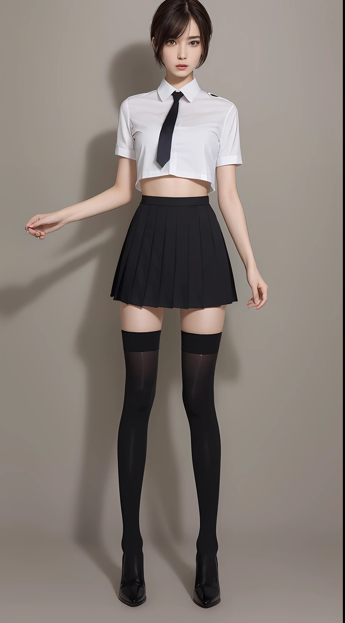 ((Top Quality, 8k, Masterpiece: 1.3)), 1 girl, Beauties with slender abs: 1.3, (Medium Short Hair, Big: 1.2), White Shirt: 1.1, Ultra Detailed Face, Detailed Eyes, Double Eyelids, Black Pleated Skirt, Uniform, Navel, Slender Legs, Knee High Socks, Black Shoes