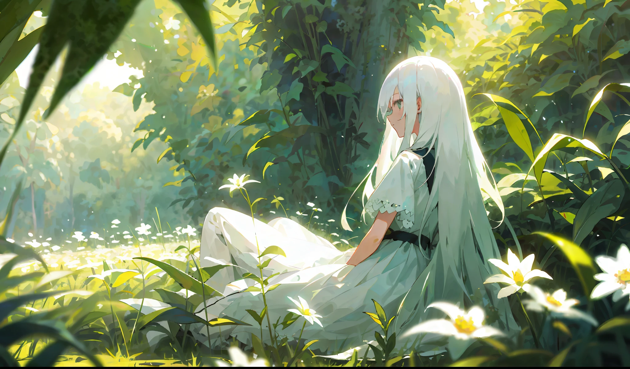 One girl with long white hair sitting in a field of green plants and flowers (masterpiece, top quality), warm lighting, white dress, blurred foreground, back arms,