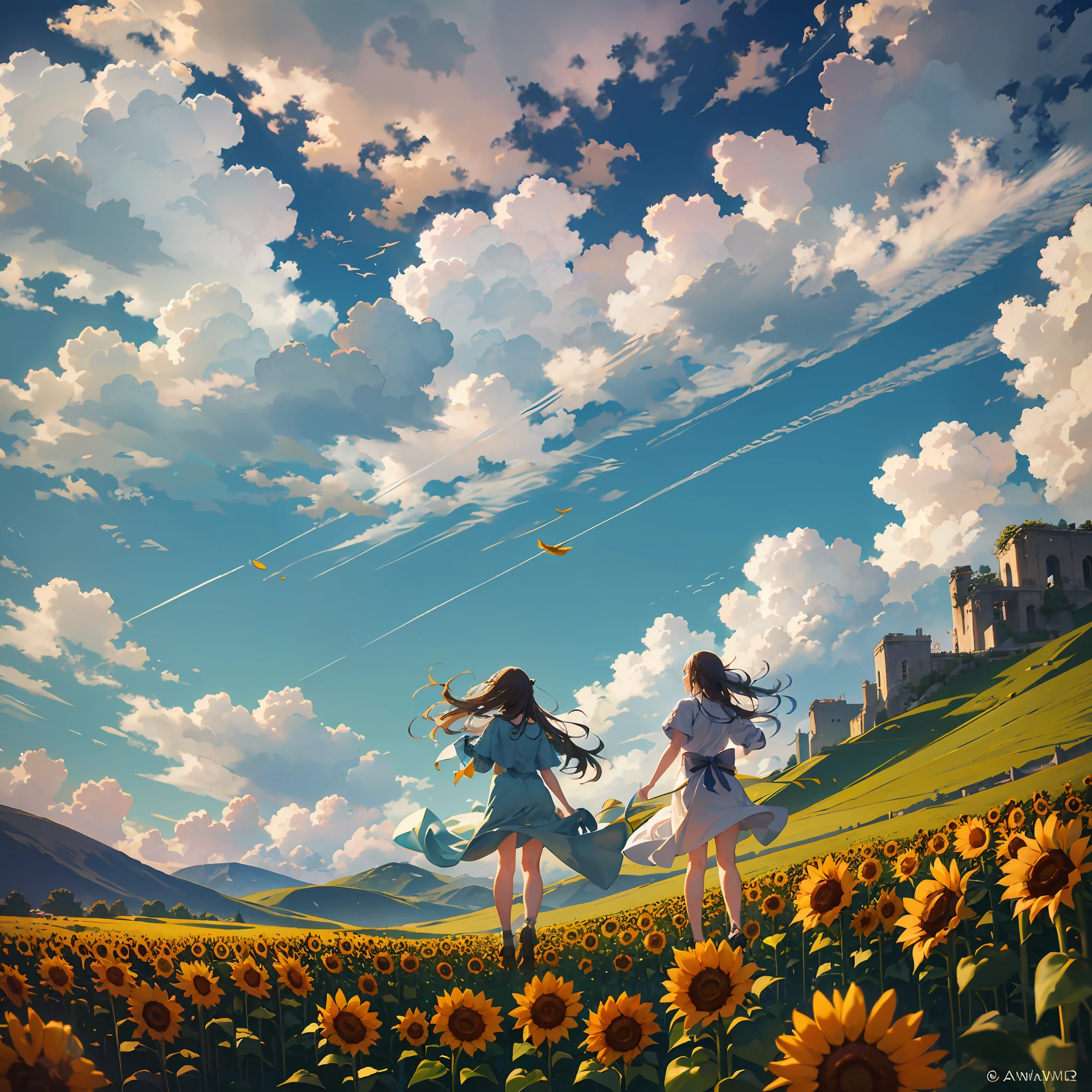 (from below, the sky above, the open field below), a girl with long flowing hair and a fat man, hand in hand, standing on a field of flowers looking up, vast landscape photography, sunset, back to a field full of sunflowers, cheerfully running back, smaller figures, sunflowers fluttering in the wind, digital painting, best quality, ligne claire, bright colors, bright colors, volumetric lighting. Soft Light, Diffuse Illumination, Radiant Light, Halow, Caustic, Subsurface Scattering, Dreamy, --auto --s2