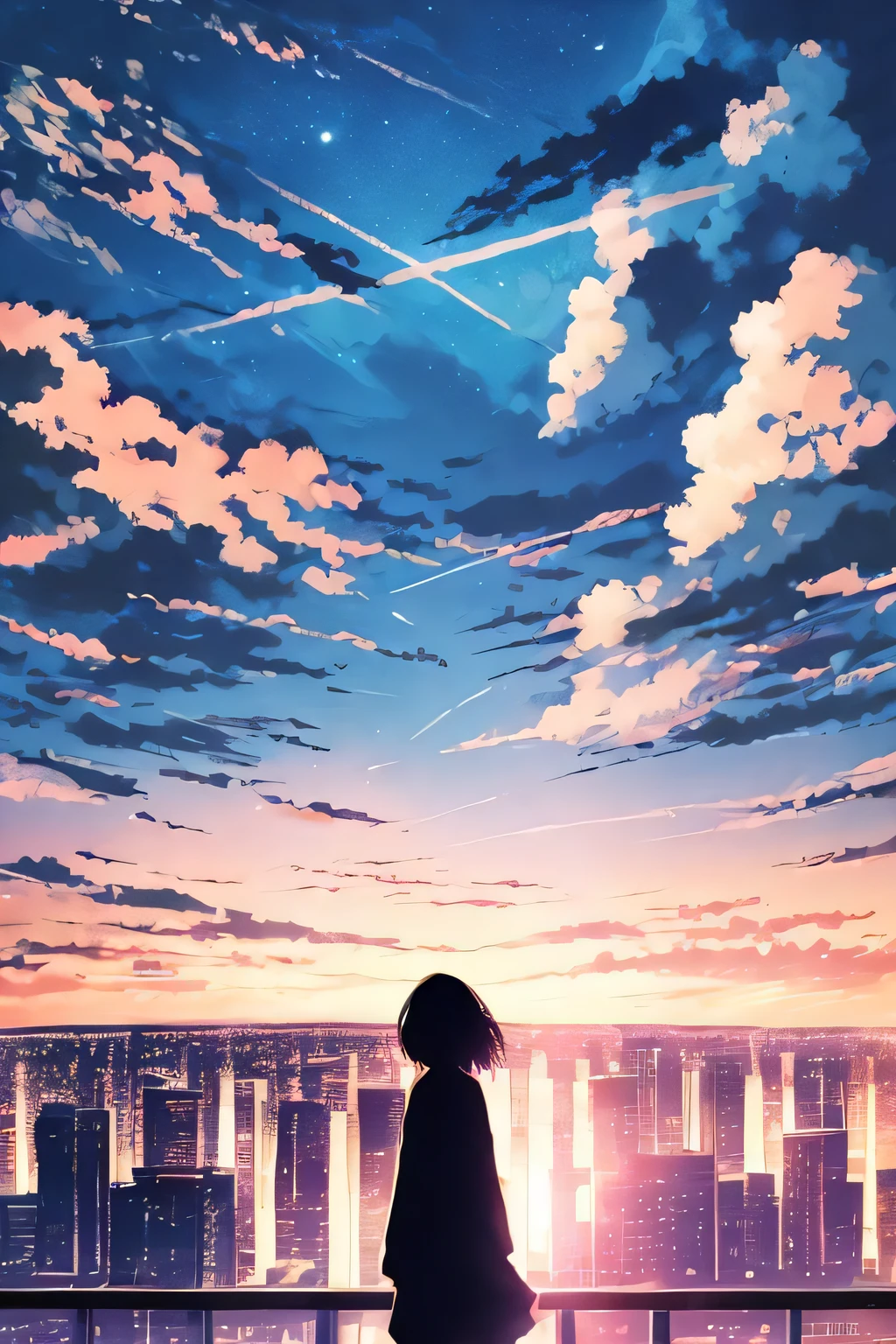 anime,silhouette,1girl, star (sky), cloud, cityscape, building, city, outdoors, skyscraper, city lights, night, night sky, sunset, skyline