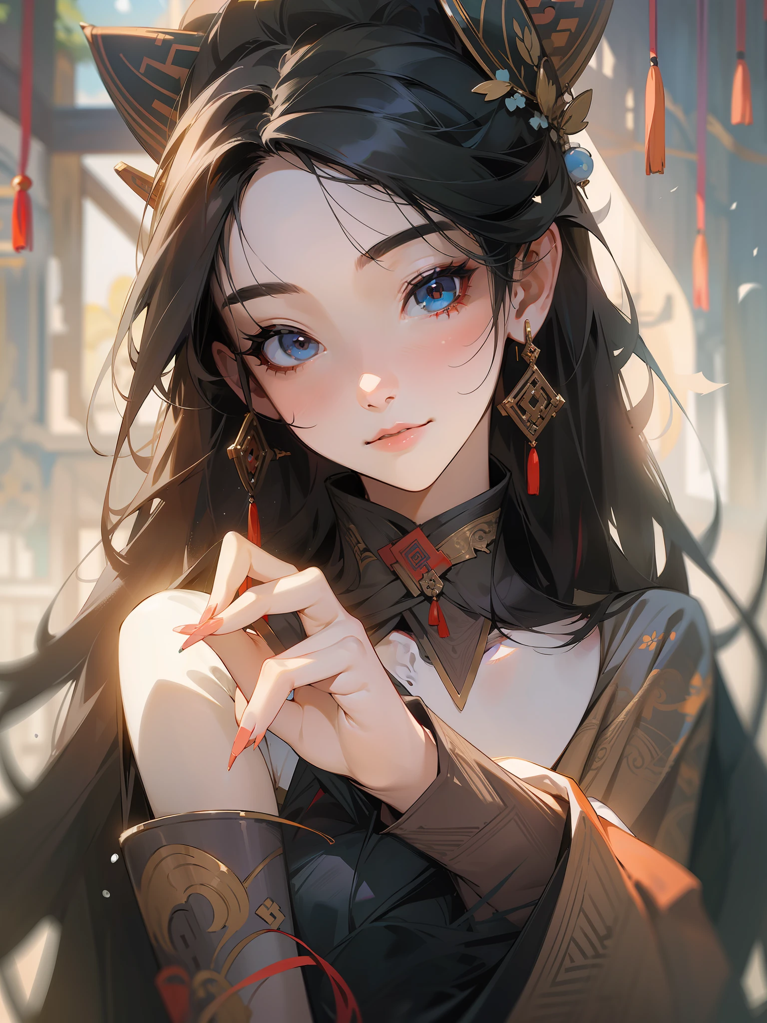 masterpiece, black_hair, 1girl, looking at viewer, long_hair, nail_polish, solo, jewelry, ancient art, chinese,