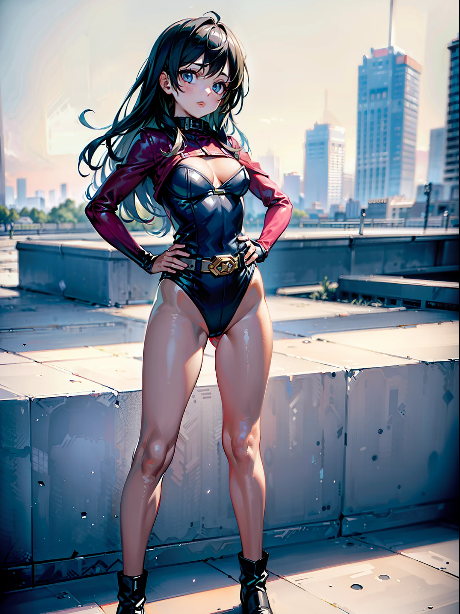 ((masterpiece)), ((best quality)), ((highres)), 1girl, solo, superhero, (leotard, bare legs), matching boots, city backdrop, standing, hands on hip, medium breasts, belt,