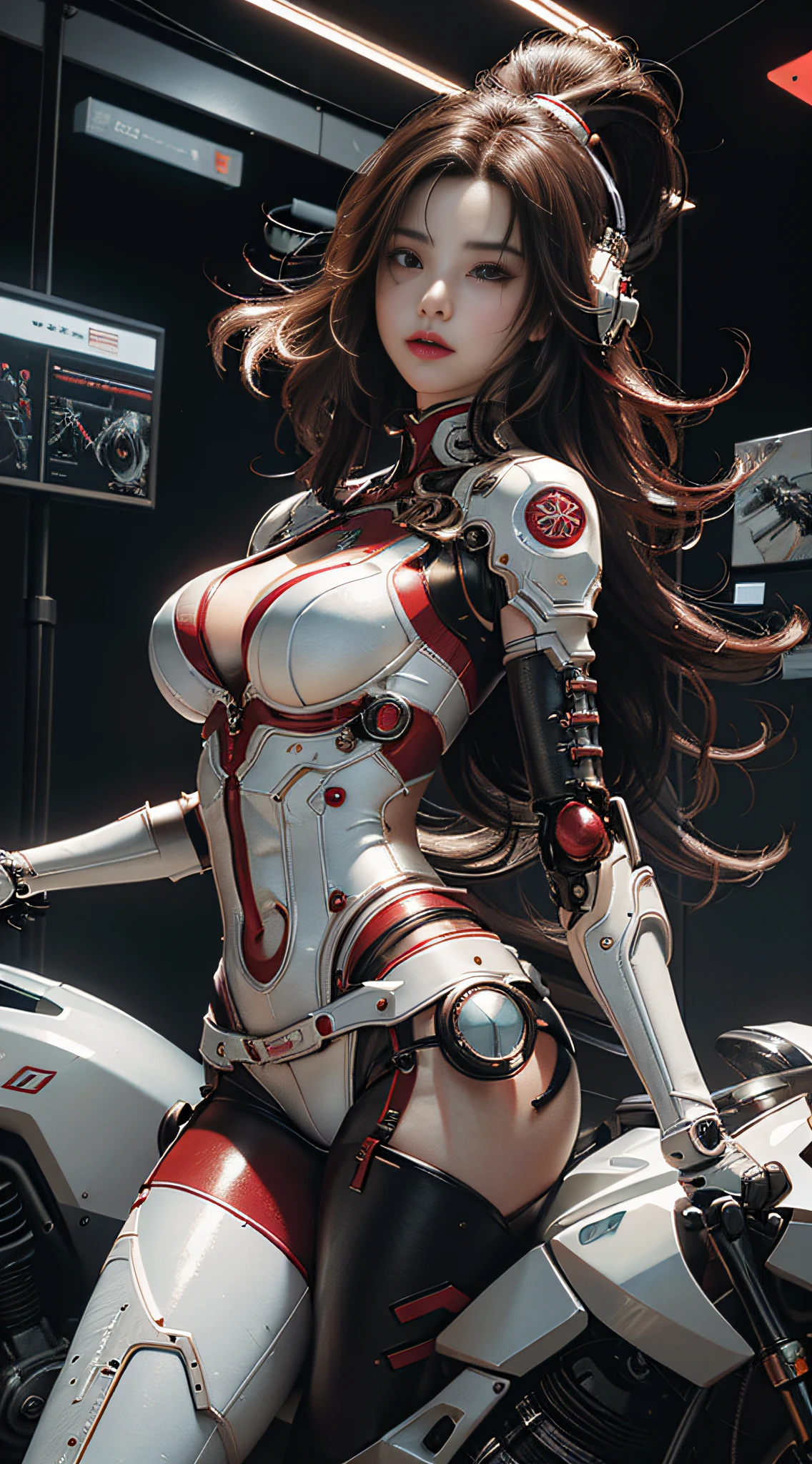 Highest quality, outstanding detail, super high resolution, (fidelity: 1.4), best illustration, favor details, close-up, a mecha girl with a delicate and beautiful face, ((red and white semi-mechanical body: 1.8)), (big breast: 1.2), sexy, belly button, cleavage, riding on a motorcycle, cyberpunk, futuristic, mechanical aesthetics, complex machinery, background is a high-tech lighting scene of the futuristic city, virtual engine 5, perfect detail rendering, octane rendering, ultra HD