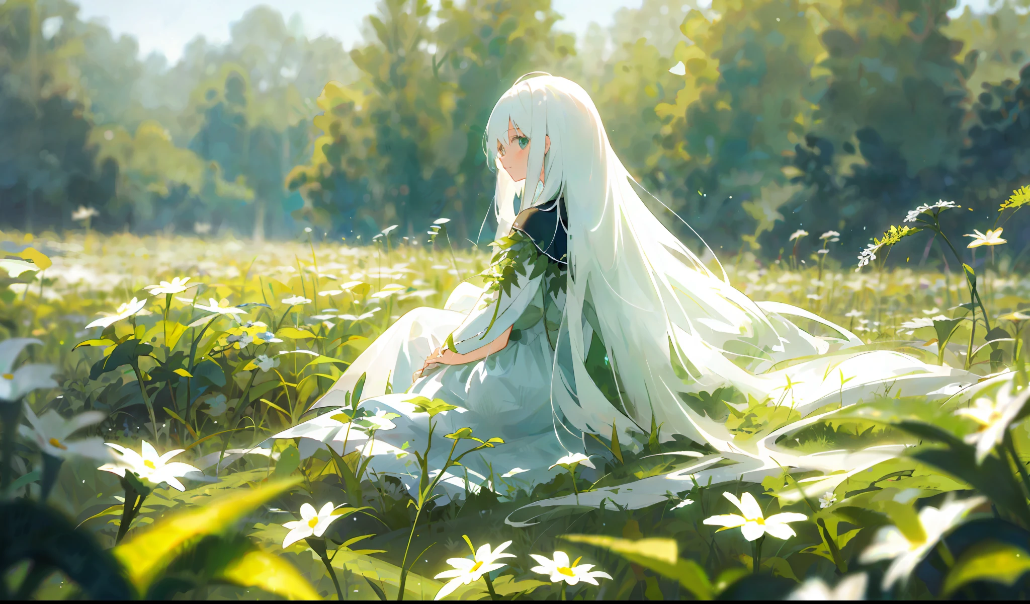 One girl with long white hair sitting in a field of green plants and flowers (masterpiece, top quality), warm lighting, white dress, blurred foreground, back arms, looking at the viewer,