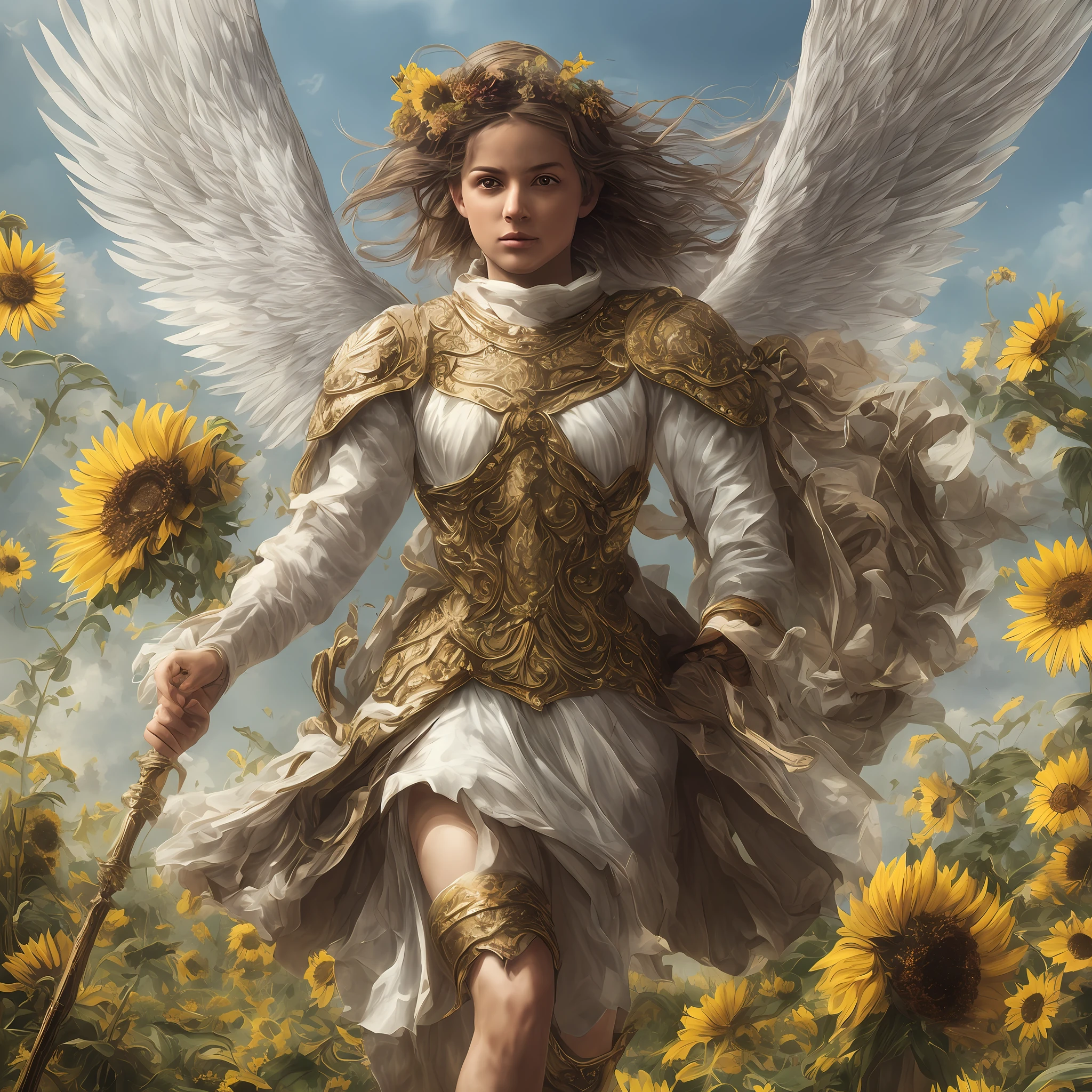 High quality, best quality, 4K, archangel, dressed in heavenly costume, holding spear, angel boy, back facing a field full of sunflowers, cheerfully running back, smaller figures, sunflowers fluttering in the wind, digital painting, best quality, ligne claire, bright colors, bright colors, volumetric lighting. Soft Light, Diffuse Illumination, Radiant Light, Halow, Caustic, Subsurface Scattering, Dreamy, --auto --s2
