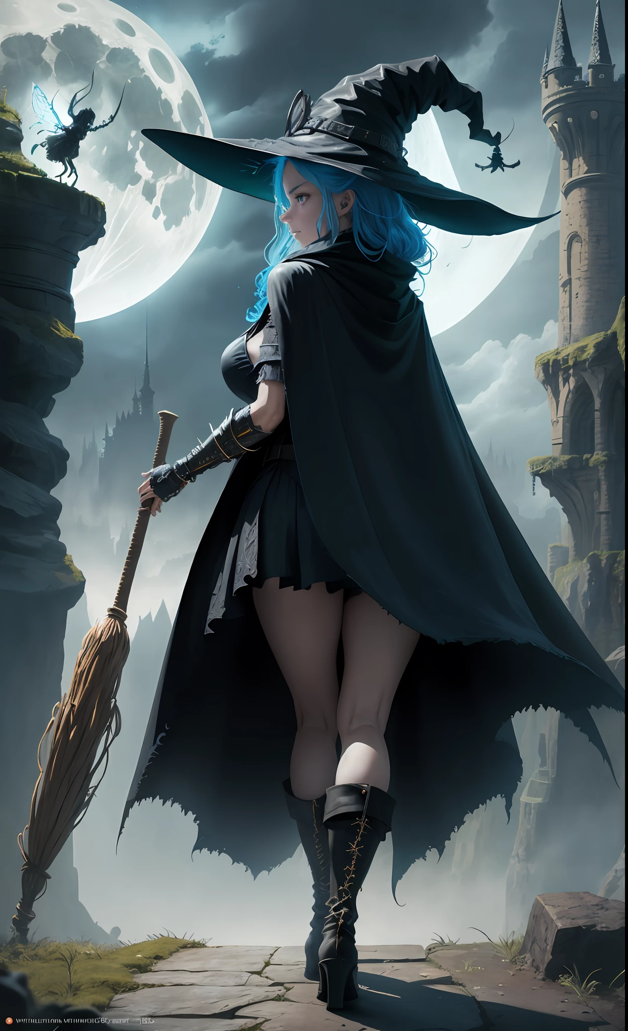 masterpiece, best quality, ultra-detailed, illustration, neon colors, cauldron, neon, total terror,1witch, mouth ajar, sensualizing, solo, fantasy, flight on broom, broom between legs, on top of broom, broom in the air, broom, night sky, horrifying, outdoors, magic, spells, moon, stars, clouds, macabre, wind, hair, back, sculptural body, cape, hat, boots, sinister clothing,   sinister environment, intense mist, diffuse light, broomstick, intense mist, shining, mysterious, voluptuous, evil, adventurer, freedom, wonder, imagination, seductive, skill, terror, movement, energy, realism, naturalistic, figurative, representational, beauty, fantasy culture, mythology, fairy tales, folklore, legends, witches, wizards, magical creatures, fantasy worlds, composition, scale, foreground, middle ground, background, perspective, diffused light,  color, texture, intricate details, 8k, ((cyberpunk style))