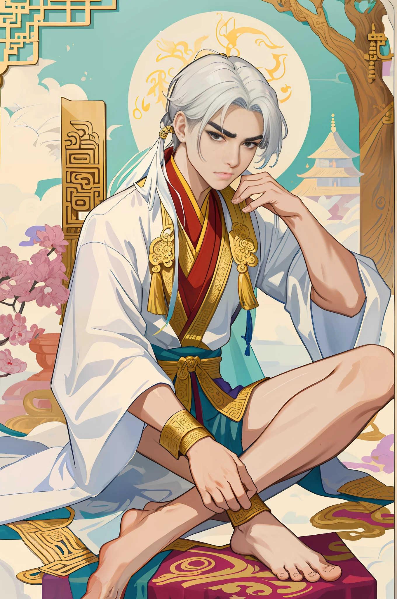 Male Immortal Venerable dressed in white Xian Xia ancient costume, low hanging eyebrows, majestic, sitting, nsfw, masterpiece, super-fine, meticulous facial features, 1boy, wearing exquisite Xian Xia costume, the highest quality, serious, frowning, lean, thin muscles, masterpiece, fine, highest quality, barefoot