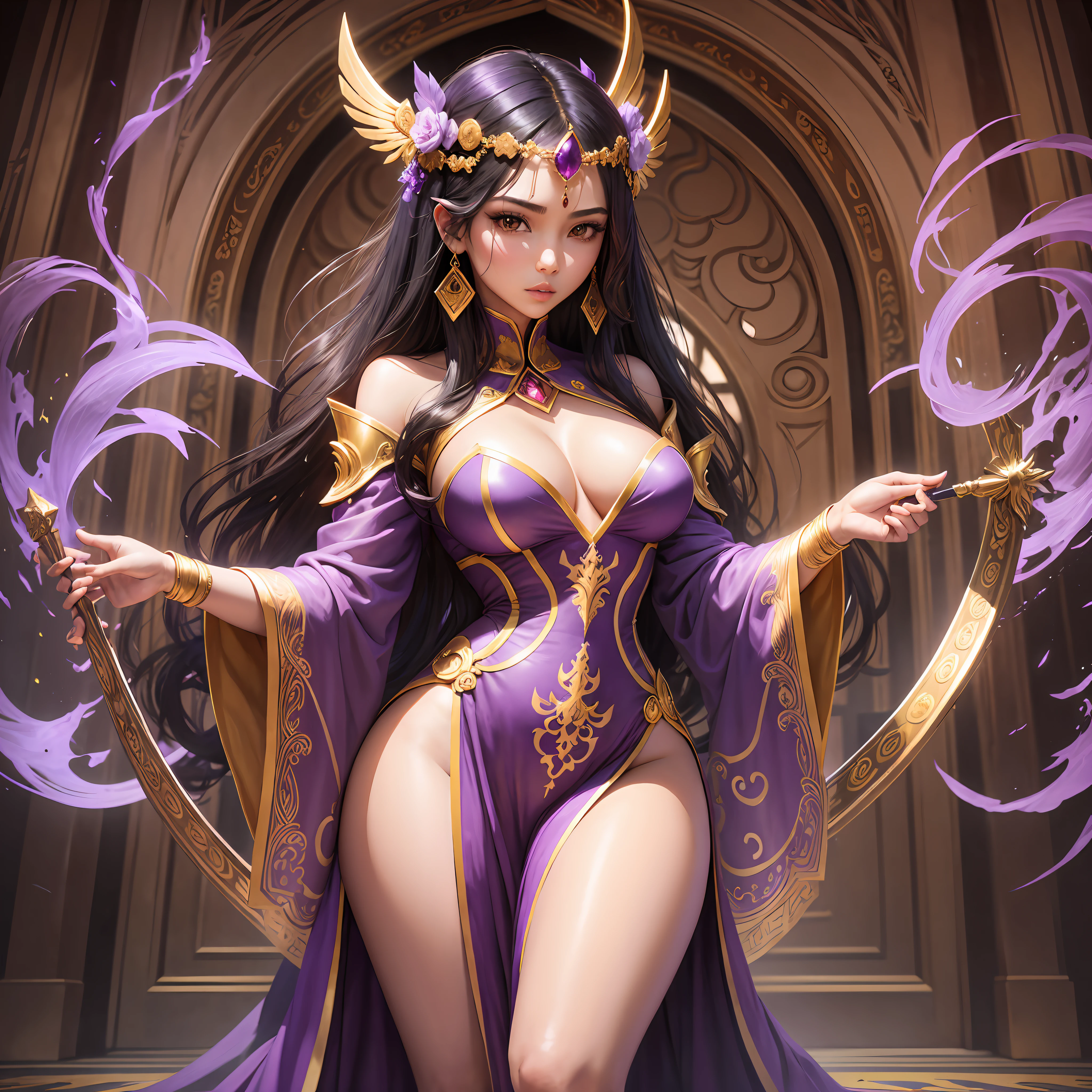Best masterpiece, high quality painting, a beautiful Asian girl named (Linna), she is with (Kim. Kardashian) is completely different in length, 1girl, she is a magician, wearing purple magic robes, purple robes, purple long hair, purple dress, holding a pink magic wand, golden arched headdress with purple gemstones in the middle, arched golden headdress inlaid with purple gemstones, she stands in front of the portal formed by the aperture, the door formed by the aperture --auto --s2