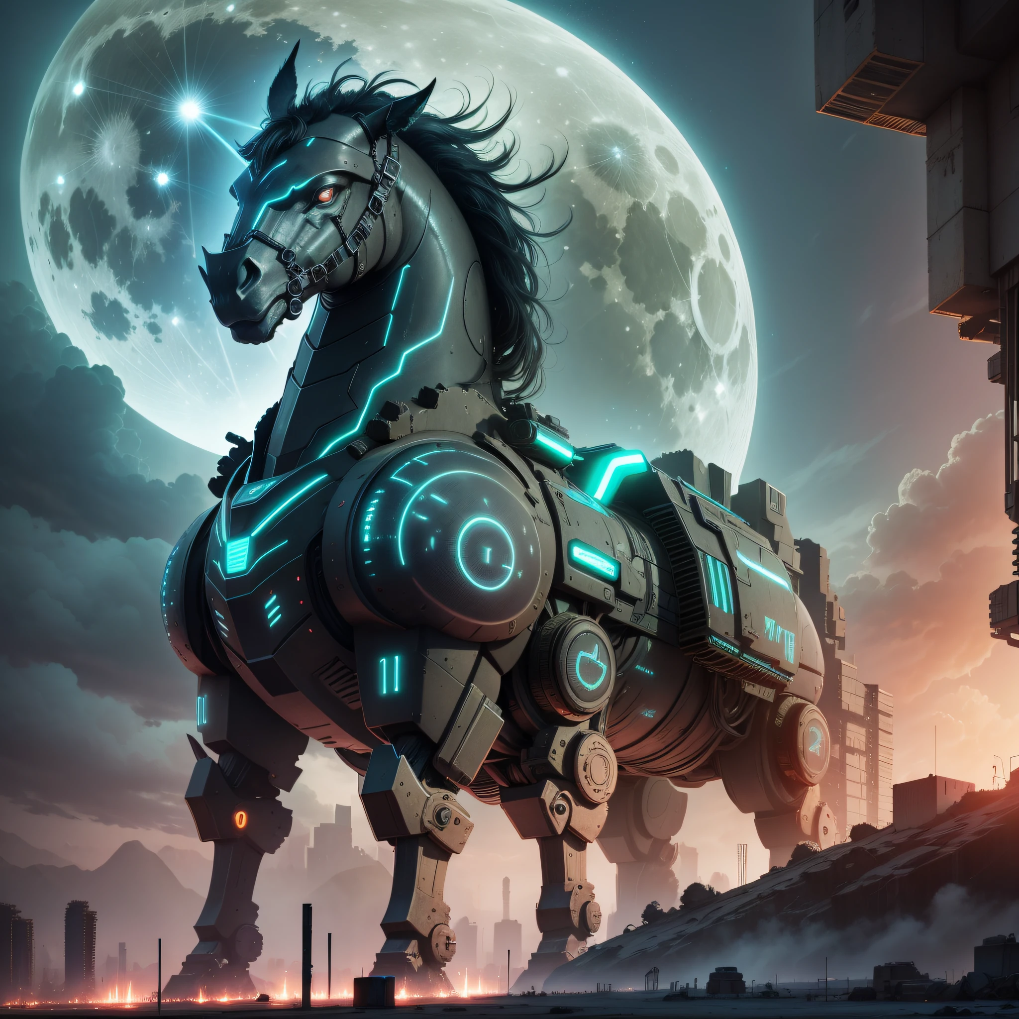 Craft a photograph of an oversized, futuristic, cyber-stallion towering over a post-apocalyptic wasteland dotted with ancient ruins, illuminated by neon lights and the large moon above. Multiple shots show details of glitchy bioluminescent materials, interlaced with the stallion's robotic components.