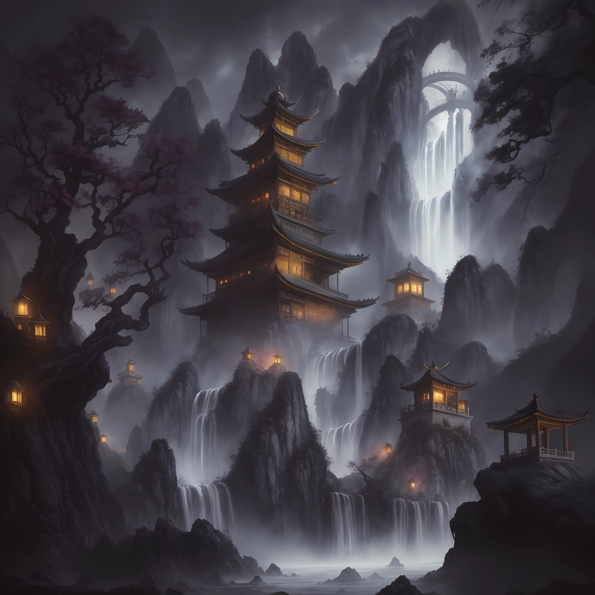 Masterpiece, (best quality), ultra high resolution, (lifelike: 1.4), high resolution, 8k, valley, painting an ancient Chinese bell tower, bell tower on a cliff, (bell tower in the middle of the picture: 1.5), close-up, a waterfall next to the bell tower, strangely shaped large stones, pink trees, (horror: 1.5), (terrible magical background: 1.5), (black fog: 1.3), dark cyan sky, darkness, background artwork, fantasy, 2.5D, CG artwork, digital concept art, 4k high quality digital concept art, 4k resolution --auto --s2