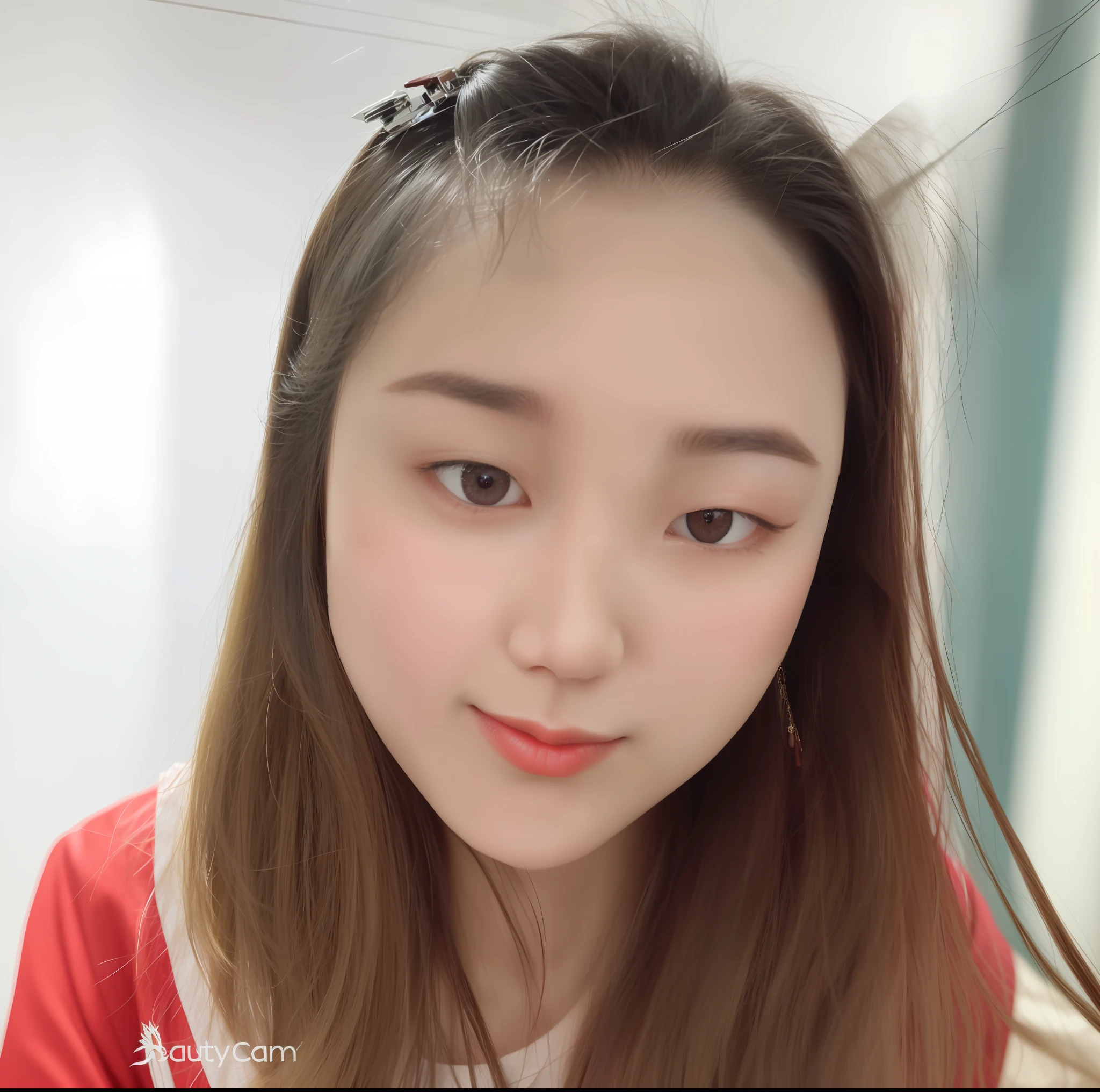 a close up of a woman with long hair wearing a red and white shirt, with round face, korean face features, korean symmetrical face, jaeyeon nam, young adorable korean face, full round face, popular south korean makeup, wan adorable korean face, korean girl, heonhwa choe, popular korean makeup, with professional makeup, south east asian with round face