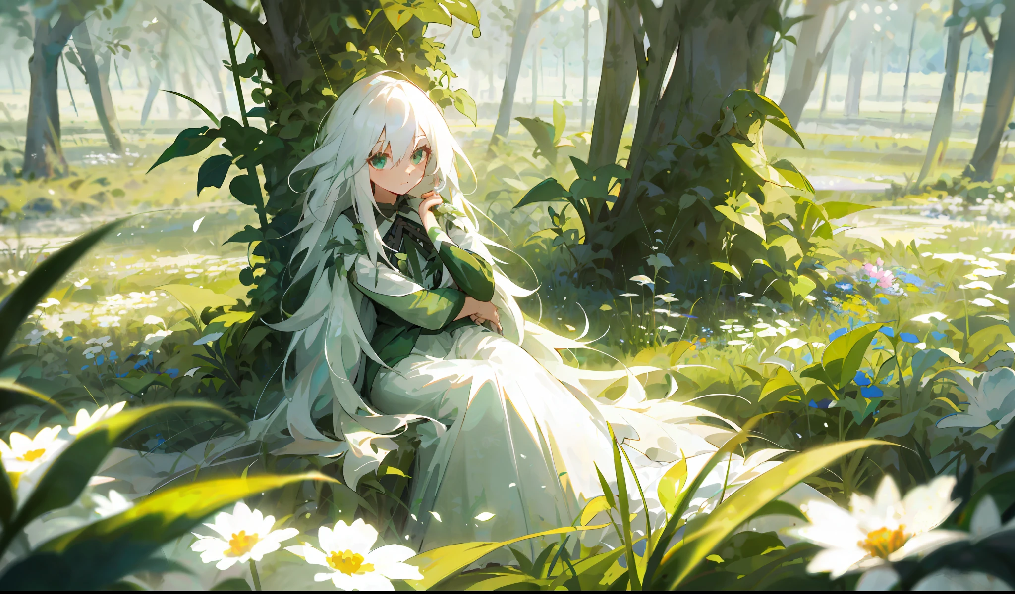 One girl with long white hair sitting in a field of green plants and flowers (masterpiece, top quality), warm lighting, white dress, blurred foreground, back arms, looking at the viewer,