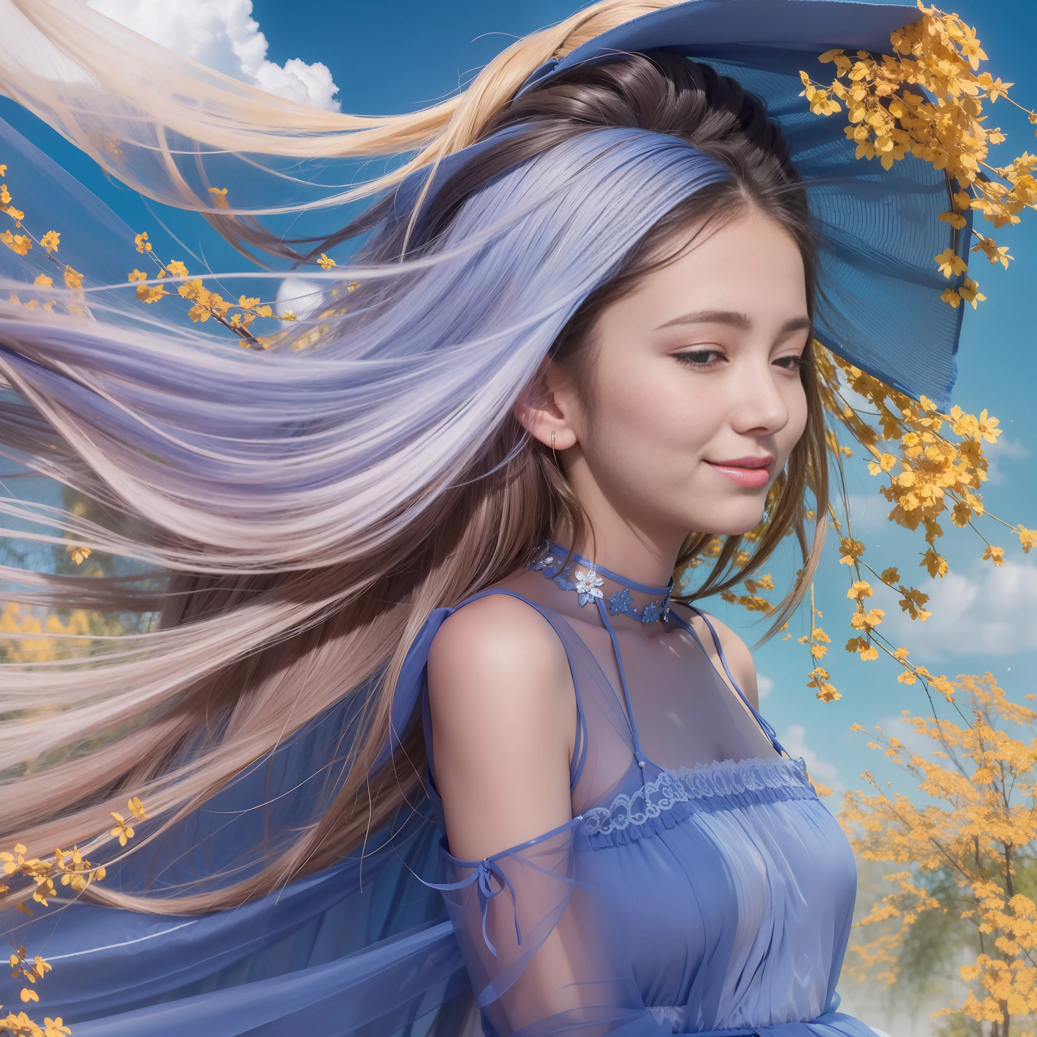 European girl, fashion, look up at blue sky, enjoy music, smile, sweet, white long dress, side face close-up, photography realistic, large aperture background, clear, detailed, mixed art,