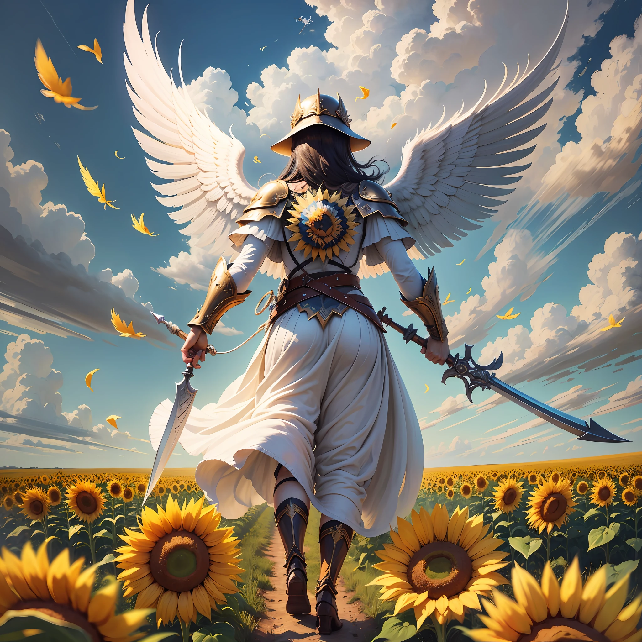 (from below, the sky above, open fields below), high quality, best quality, 4K, archangel, dressed in heavenly costume, armed with a spear, angel boy, back facing a field full of sunflowers, cheerfully running back, figure smaller, sunflowers fluttering in the wind, digital painting, best quality, --auto --s2