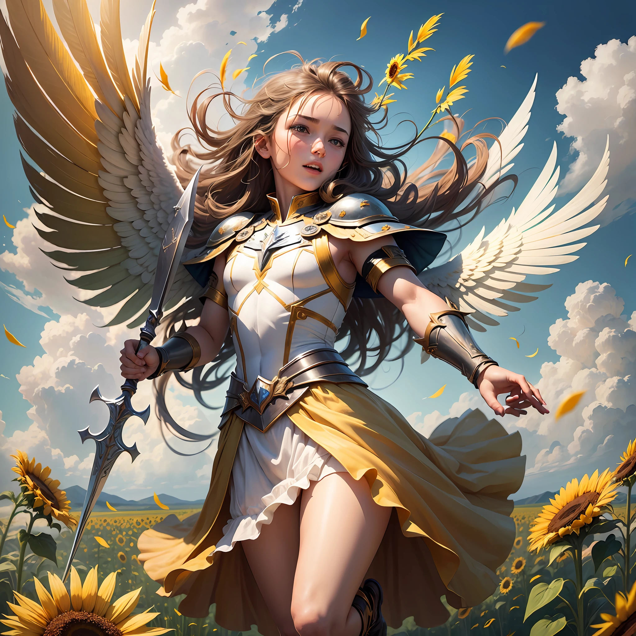 (from below, the sky above, open fields below), high quality, best quality, 4K, archangel, dressed in heavenly costume, armed with a spear, angel boy, back facing a field full of sunflowers, cheerfully running back, figure smaller, sunflowers fluttering in the wind, digital painting, best quality, --auto --s2