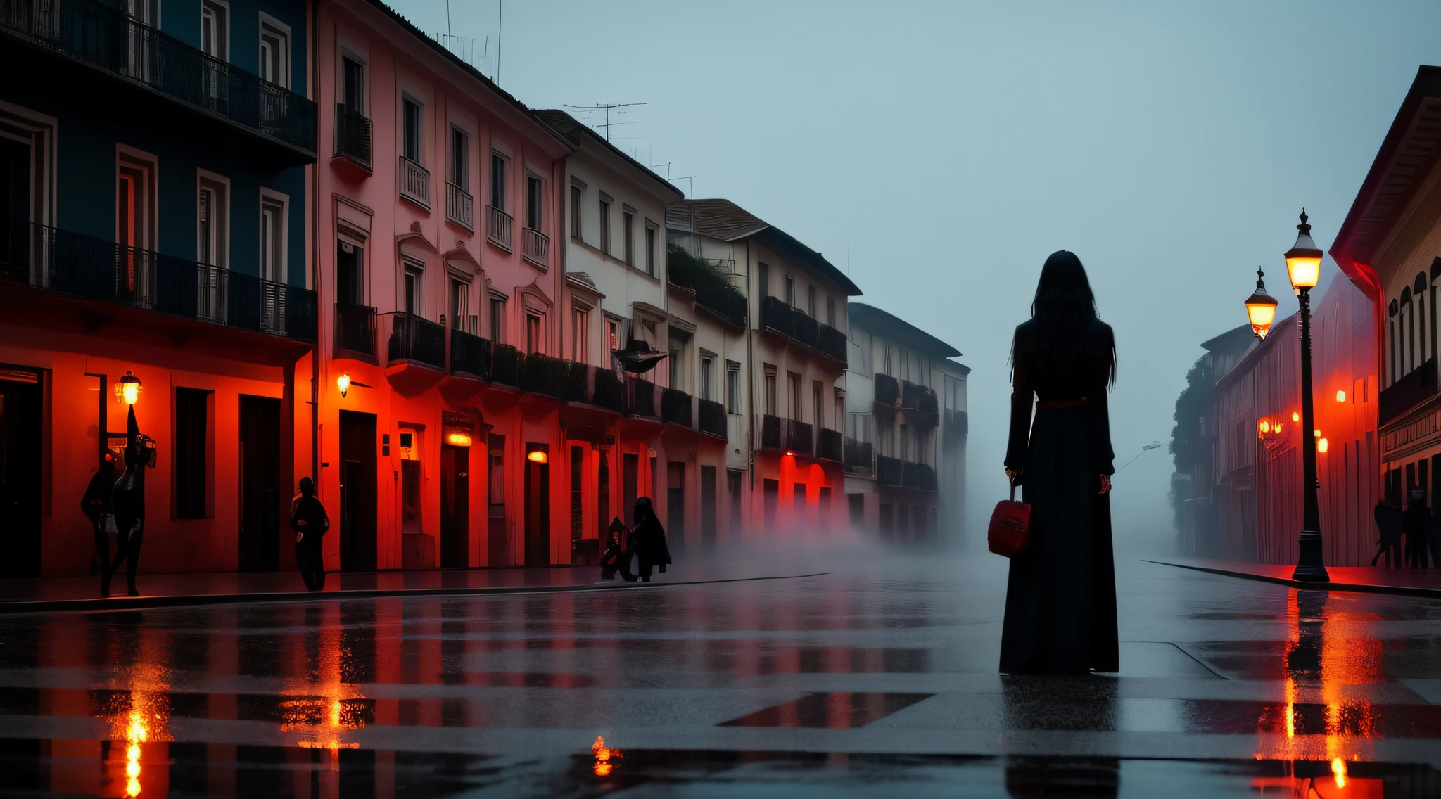 Largo da Ordem in Curitiba.
Black sky with heavy fog.
Completely empty streets, devoid of any people.
Medieval architecture.
A square featuring a central concrete horse's head fountain spouting water.
Kate Beckinsale standing at a distance from the fountain, appearing in full body, wearing a black and red vinyl jumpsuit in a cyber-punk style, with her extremely long black hair flowing.
Very dark atmosphere, filled with mystery and fantasy.
Complete penumbra, with a sense of twilight and shadows.