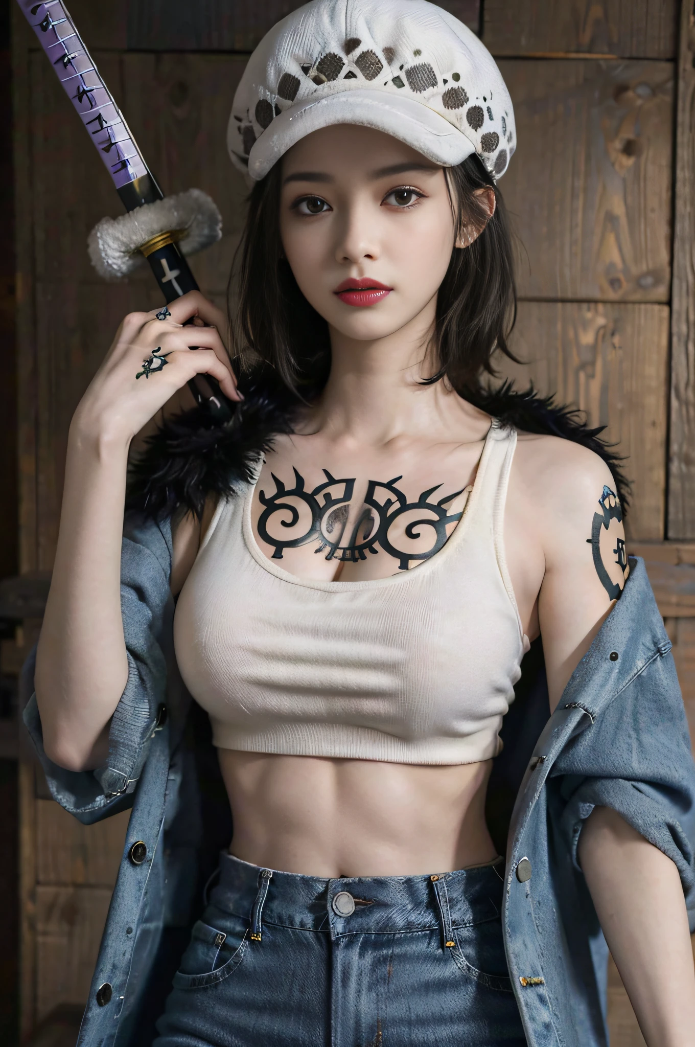 masterpiece, best quality, 8k,highestres, absurdres, extremely detailed, female trafalgar law, 1girl, 1sword, solo, looking at viewer, short hair, medium breasts, hat, navel, cleavage, collarbone, earrings, midriff, pants, coat, fur trim, denim, jeans, shoulder tattoo, hand tattoo, finger tattoo, black fur-trimmed coat, coat on shoulders, yellow tank top,///,