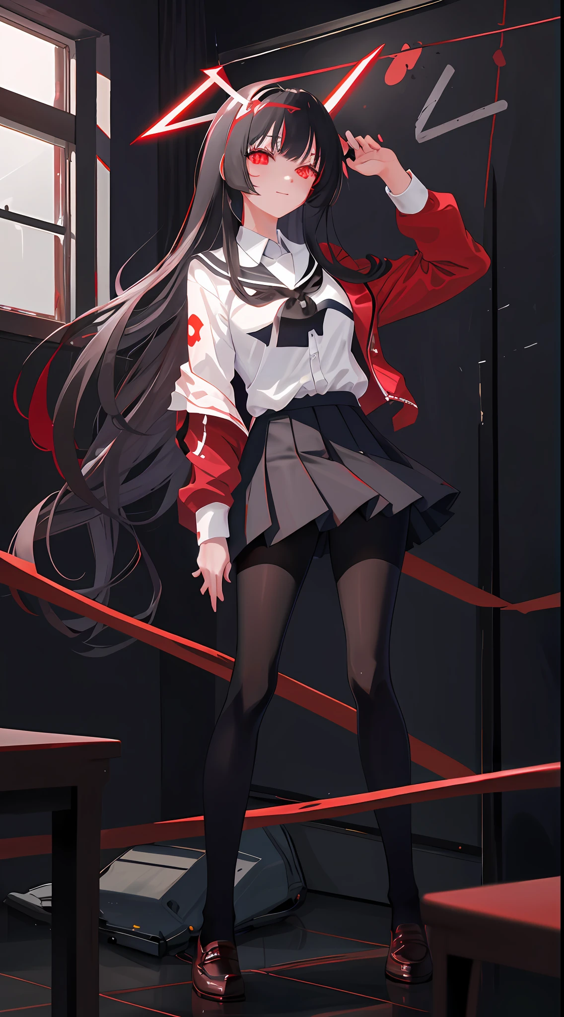 Masterpiece, best quality, high resolution, hmjy1, long hair, blunt bangs, school uniform, red jacket, seductive anime girl , beautiful anime high school girl, black pantyhose, white shirt, black ribbon, pleated skirt, long sleeves, denim lens, red glowing eyes, blushing, black silk, classroom, dark background, crossed legs