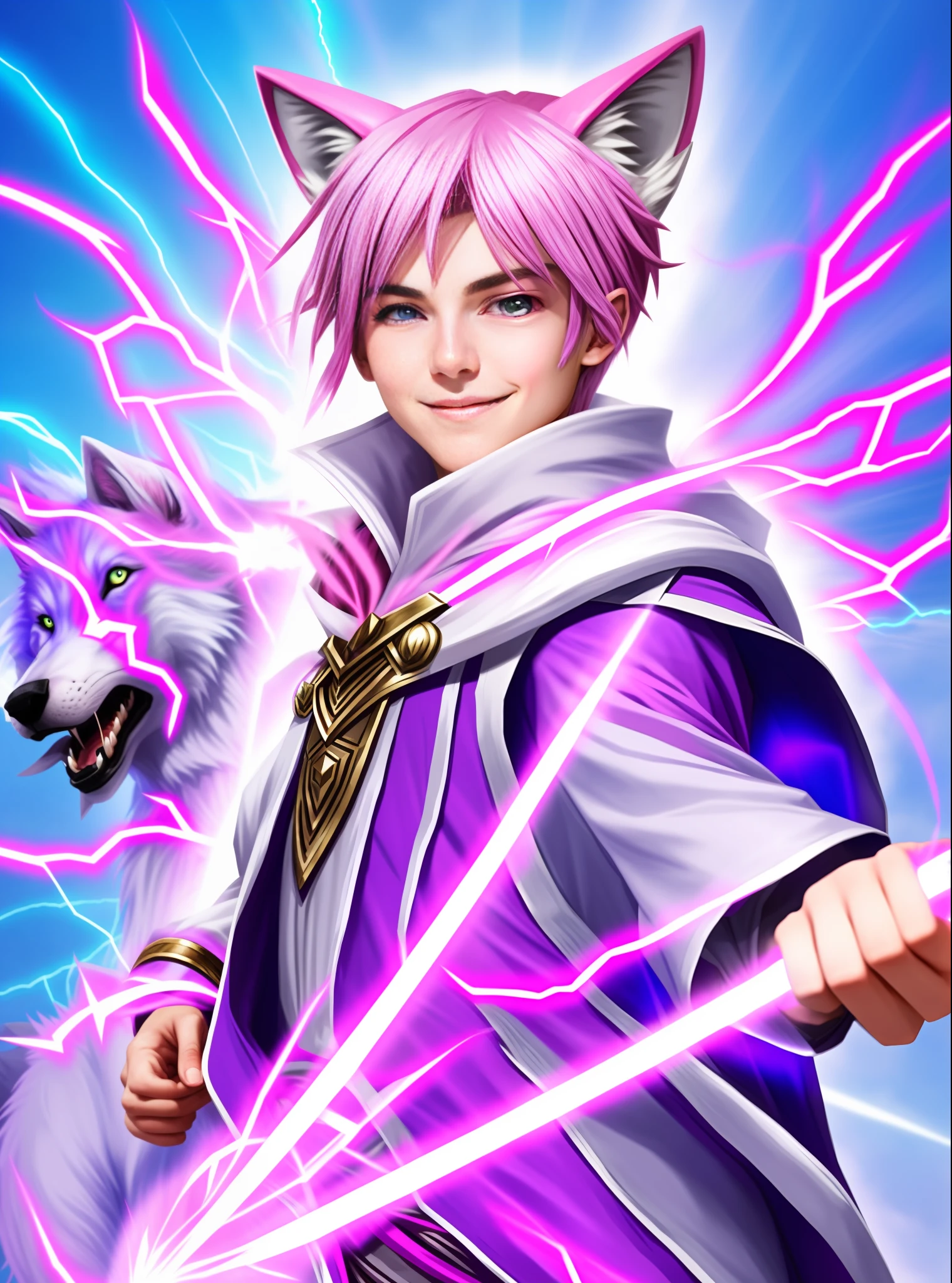 A young 17-year-old wizard, pink hair and happy expression. He possesses white light powers in his hands, wolf ears, and a giant wolf behind him as his pet and battle weapon