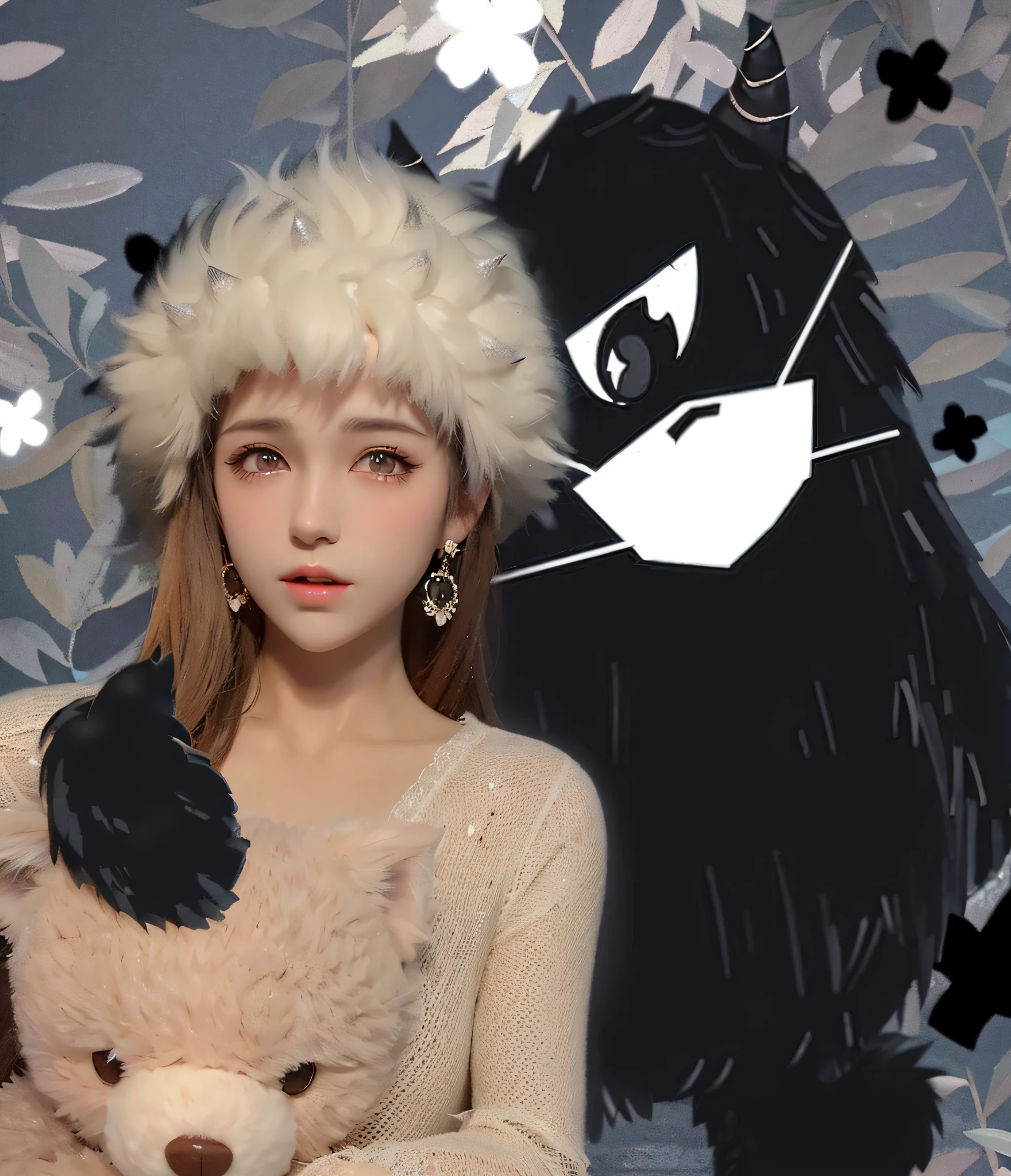 there is a woman wearing a hat and holding a teddy bear, smol fluffy cat wearing smol hat, studio ghibli filter, very beautiful cute catgirl, wearing fluffy black scarf, 2 0 2 0 fashion, artwork in the style of guweiz, 4 k hd fur face!!!, furry artist, style in ghibli anime, fluffy fluffy fur, animal hat, cat furry