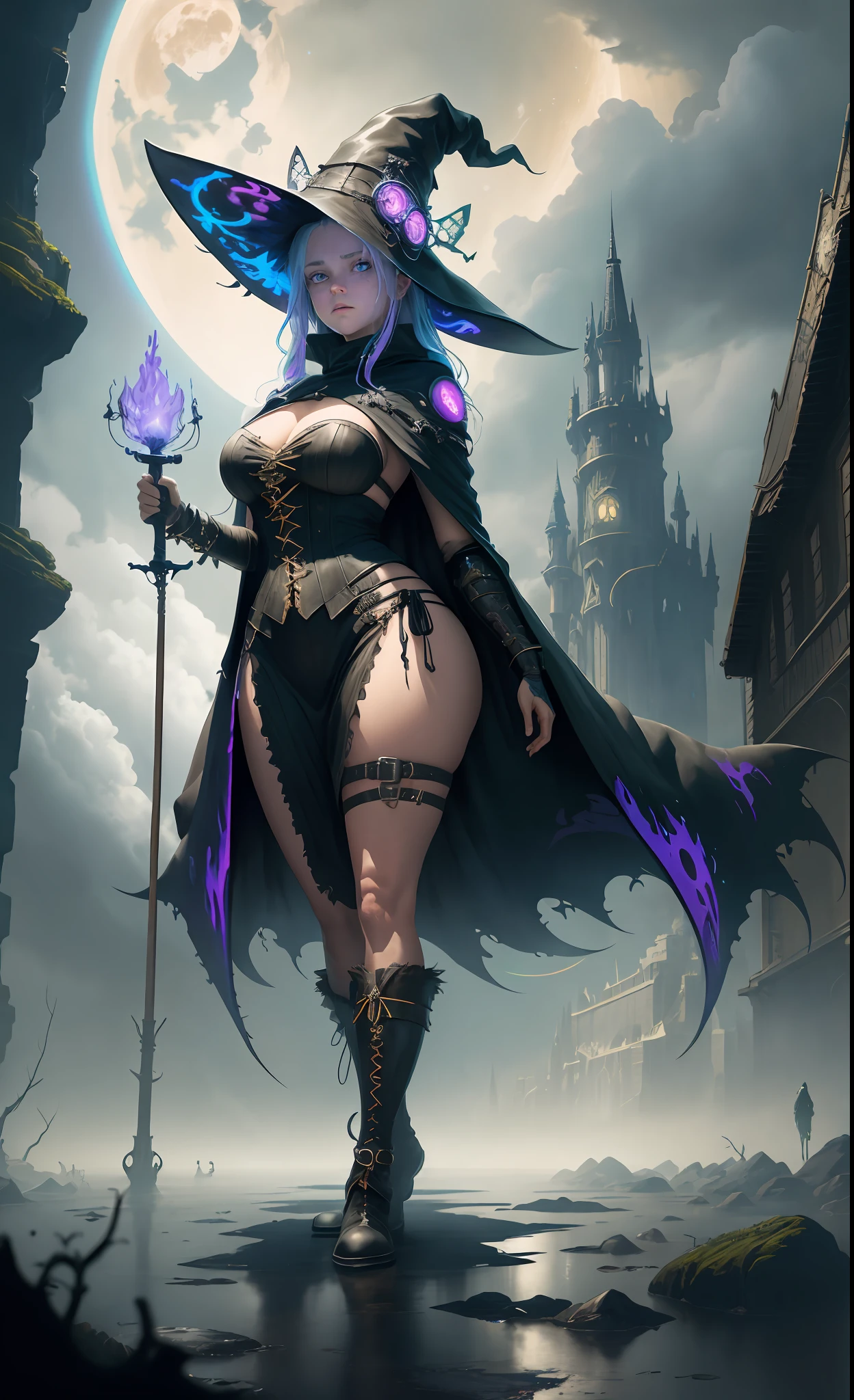 masterpiece, best quality, ultra-detailed, illustration, ((colors rainbow, neon)), cauldron, neon, total terror, 1witch, mouth ajar, sensualizing, solo, fantasy, flight on the broom, broom between the legs, on top of the broom, broom in the air, broom, night sky, horrifying, outdoors, magic, spells, moon, stars, clouds, macabre, wind, hair, back, sculptural body, cape, hat, boots, sinister clothing, sinister environment, intense mist, diffused light, broomstick, intense mist, shining, mysterious, voluptuous, evil, adventurer, freedom, wonder, imagination, seductive, skill, terror, movement, energy, realism, naturalistic, figurative, representational, beauty, fantasy culture, mythology, fairy tales, folklore, legends, witches, wizards, magical creatures, fantasy worlds, composition, scale, foreground, middle ground, background, perspective, diffused light, color, texture, intricate details, 8k, ((cyberpunk style))