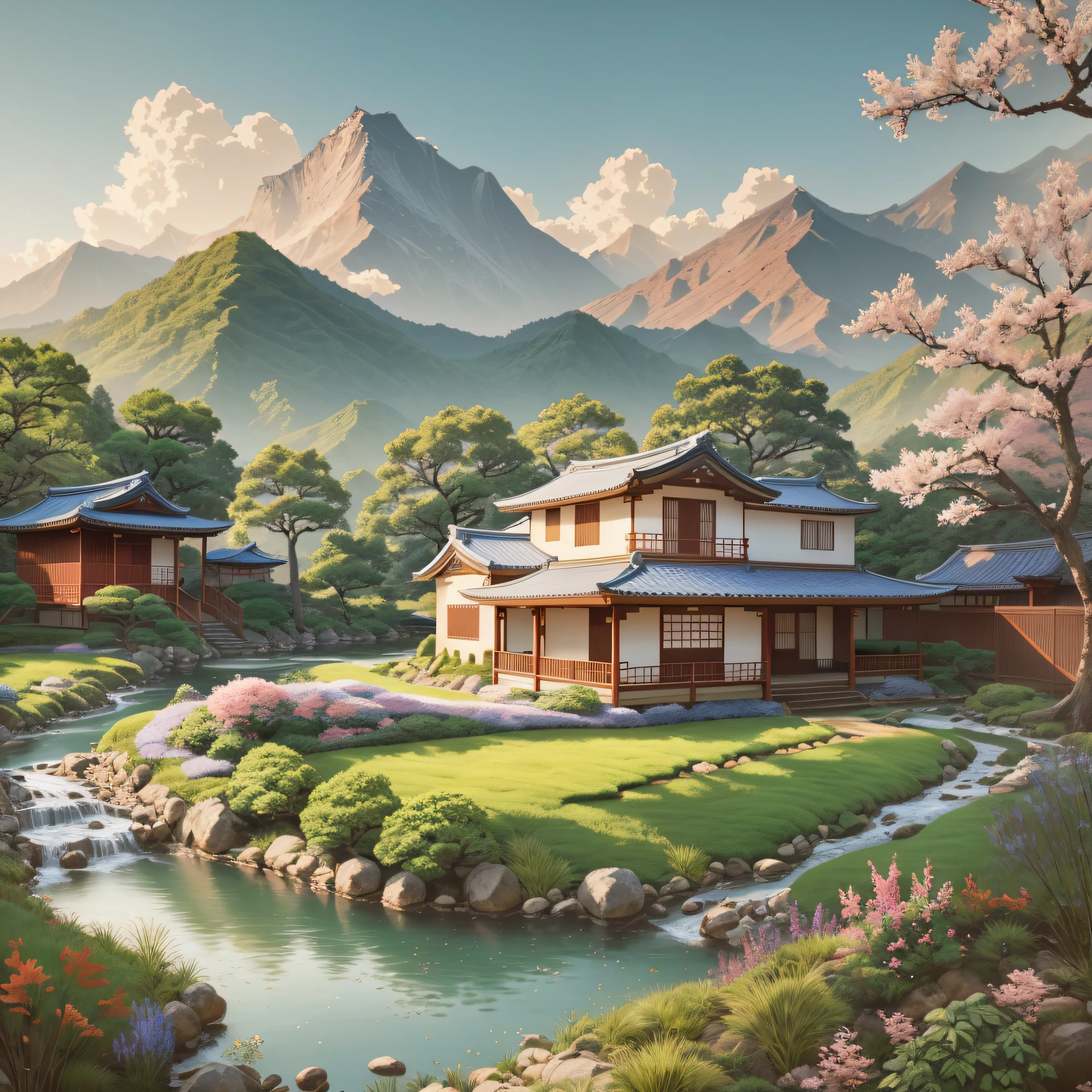 Japanese landscape painting with rivers and mountains, Japonisme 3 D 8 k ultra-detailed, inspired by Toshi Yoshida, inspired by Hanbei Yoshida, inspired by Hiroshi Yoshida, Robrey and Kentaro Miura style, 4k highly detailed digital art, inspired by Evgeny Lushpin, inspired by Ryuhei Koiso, dog