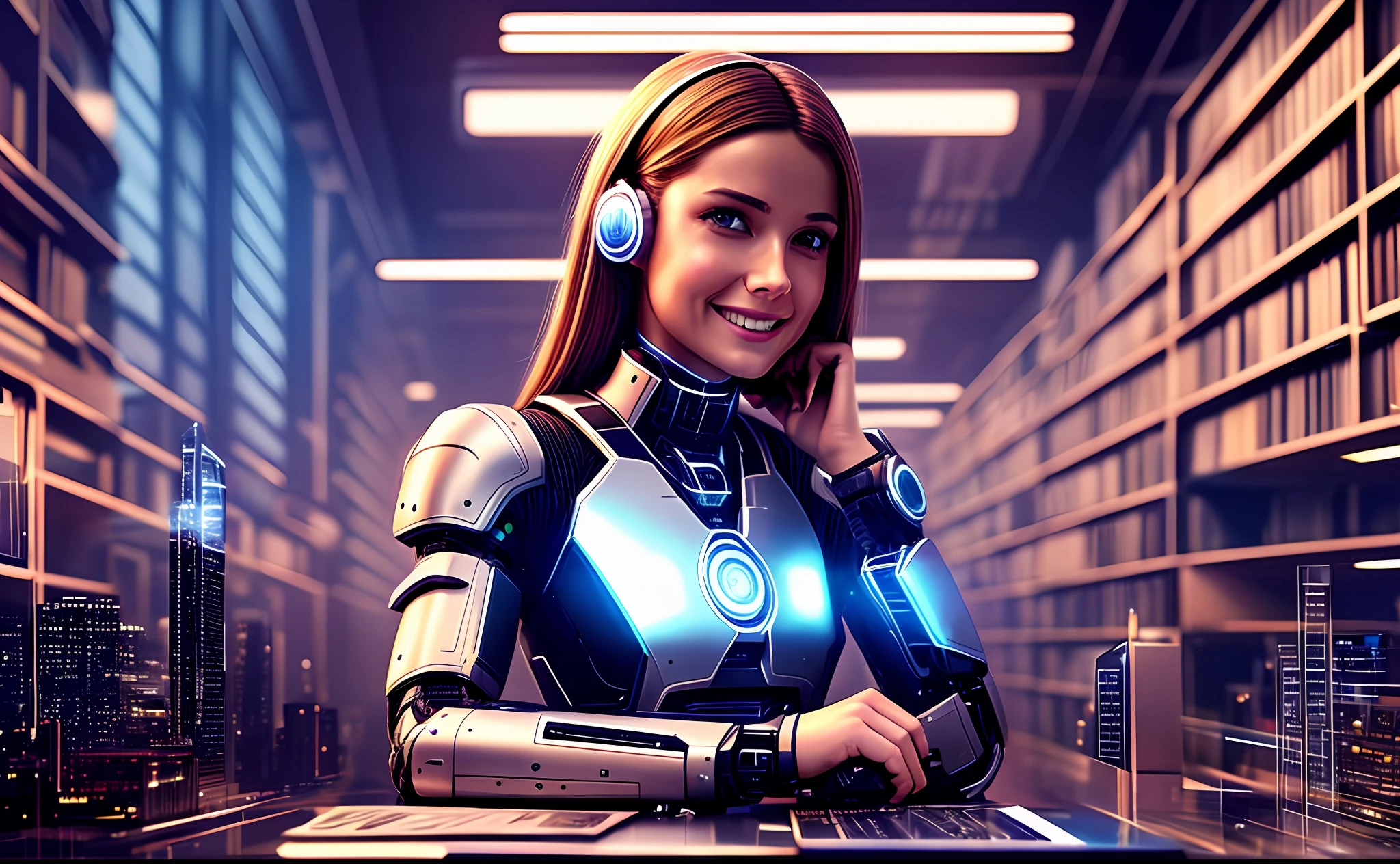 British workplace female elite sitting in a room with an oversized wall of books in the background with laptop and a lamp, portrait of artificial intelligence, digital cyberpunk animation art, cybernetic wallpaper, beautiful British female elite character design, web style, WLOP. Sci-fi, smiling British girl, real skin, high detail, 4K detailed digital art, powerful artificial intelligence, high quality digital concept art