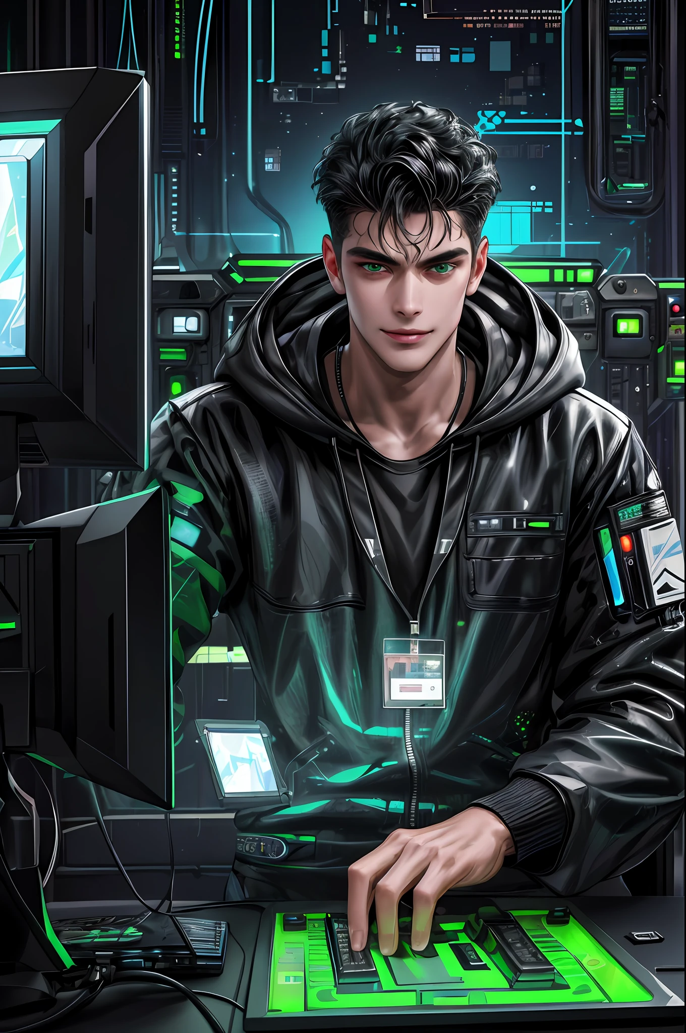 (absurd, intricate details, masterpiece, best quality, high resolution, 8k), 1 male, Brazilian, mature, aged, handsome, finely detailed eyes and face, quiff black hair, teary eyes, looking at viewer, solo, (full body: 0.6), detailed background, detailed face, (CircuitBoardAI, electronic theme:1.1) futuristic hacker of evil high tech, gamer, smile, advanced technology, hood, techwear, keycard, cables, (holographic display:1.05),  error message, computer, password, gamer room in the background, green lights, cyber warfare, dark sinister atmosphere, depth of field, visual effects.