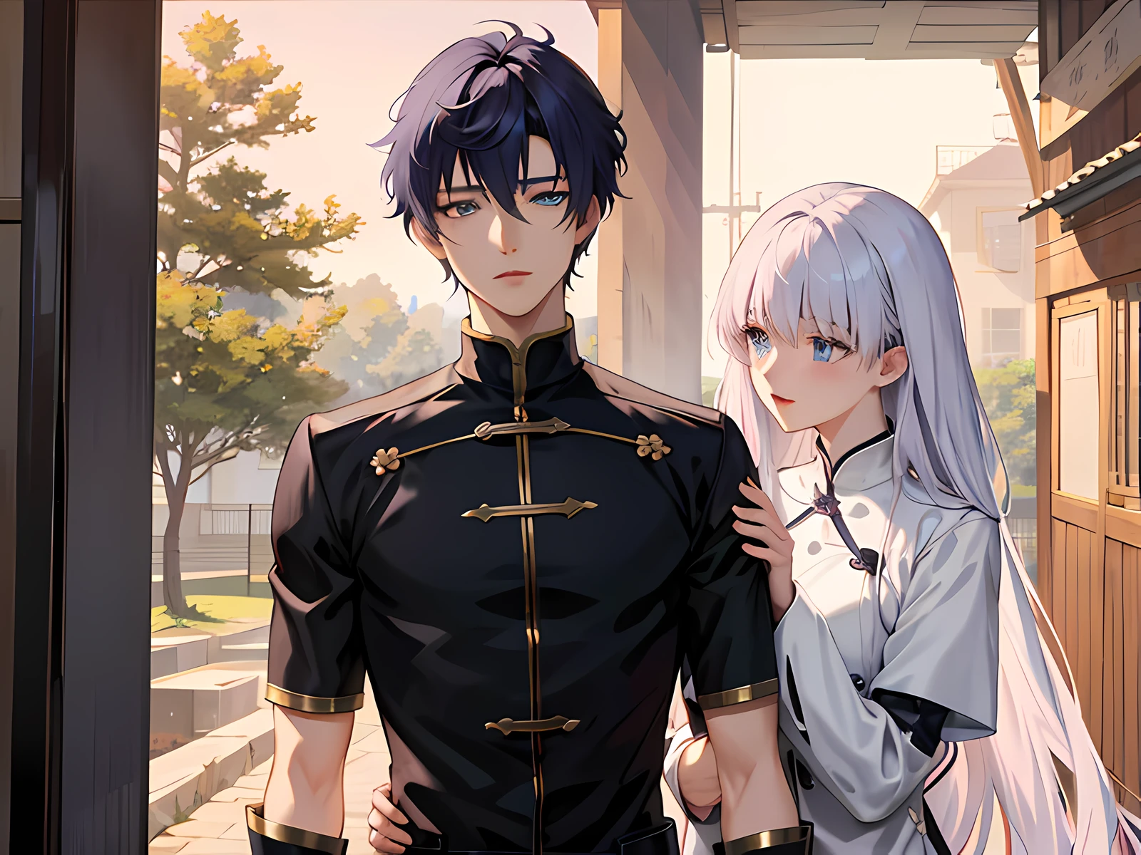 anime couple standing in front of a doorway with a building in the background, artwork in the style of guweiz, guweiz, anime style like fate/stay night, anime in fantasy style, visual novel cg, two anime handsome men, in an anime style, tall anime guy with blue eyes, anime moe artstyle, today's featured anime still