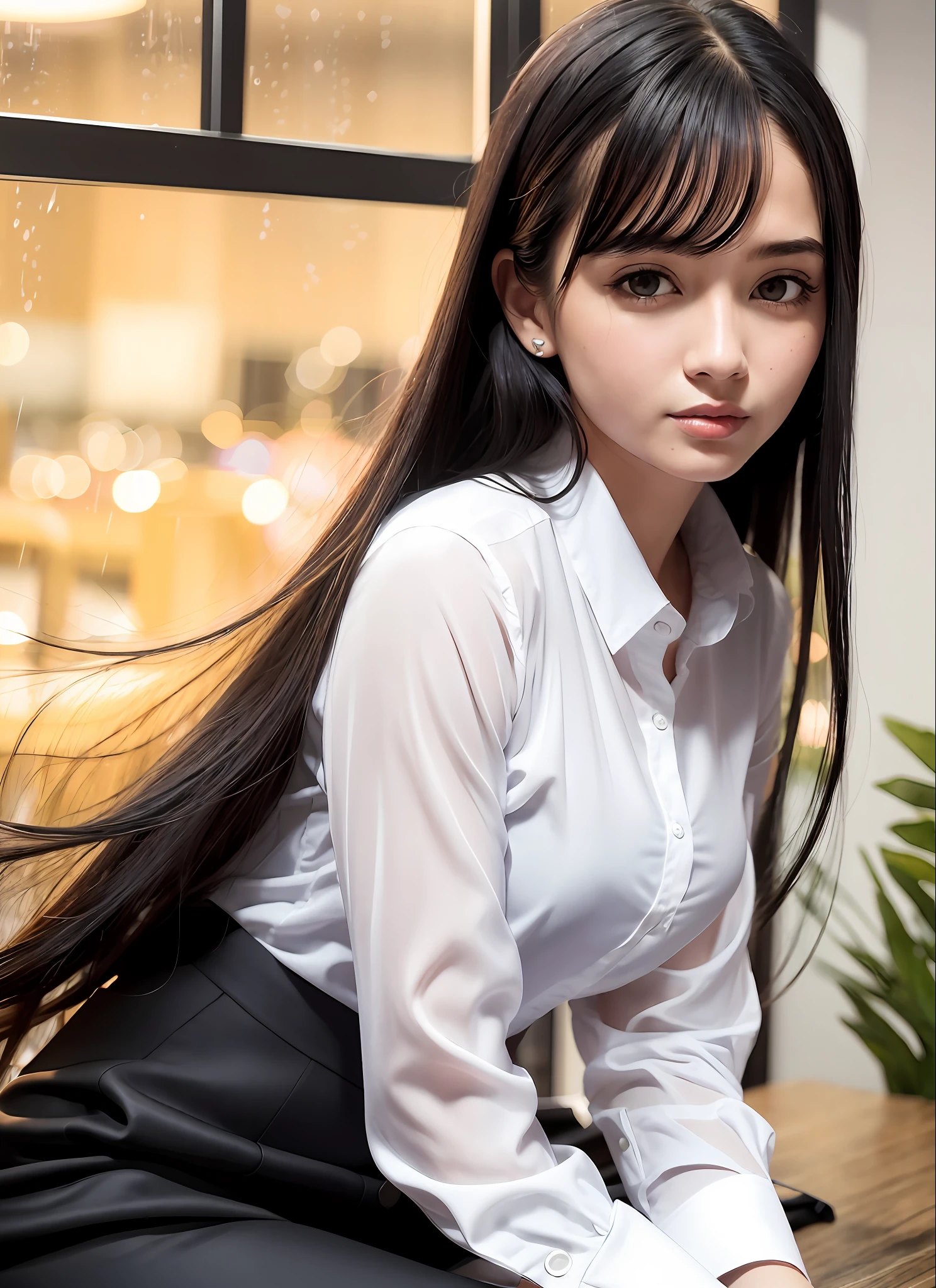 8K, Best Quality, Masterpiece: 1.2) , Super Detail, 1 Girl, Cute, Indie, Beautiful Detail Sky, Detail Cafe, Evening, Sit, Dating, (Nose Red) , Sweet Smile, (Smile: 1.15) , (Shut Up) Medium breasts, Small beautiful detail eyes, Turkish, (collared shirt: 1.1) , black and white business wear, night, wet, business dress, rain, long hair, black hair, flowing hair, nova frog style, cat,
