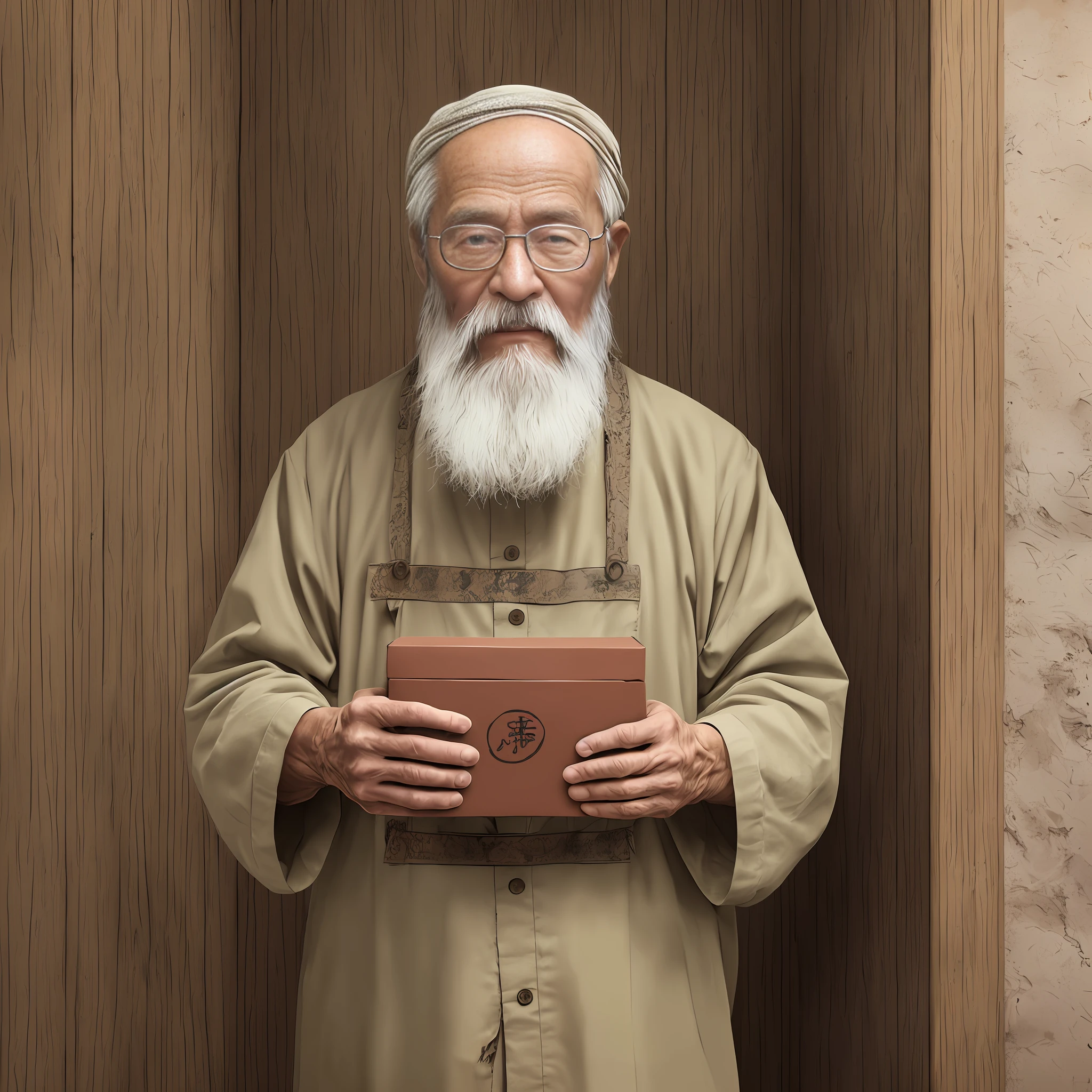 ulzzang-6500-v1.1, (raw photo:1.2), (photorealistic:1.4), real, an old man, long beard, standing, holding a Chinese medicine box in his hand, with a Chinese medicine box behind his back, Chinese medicine box wall, real, realistic, 4k --auto --s2