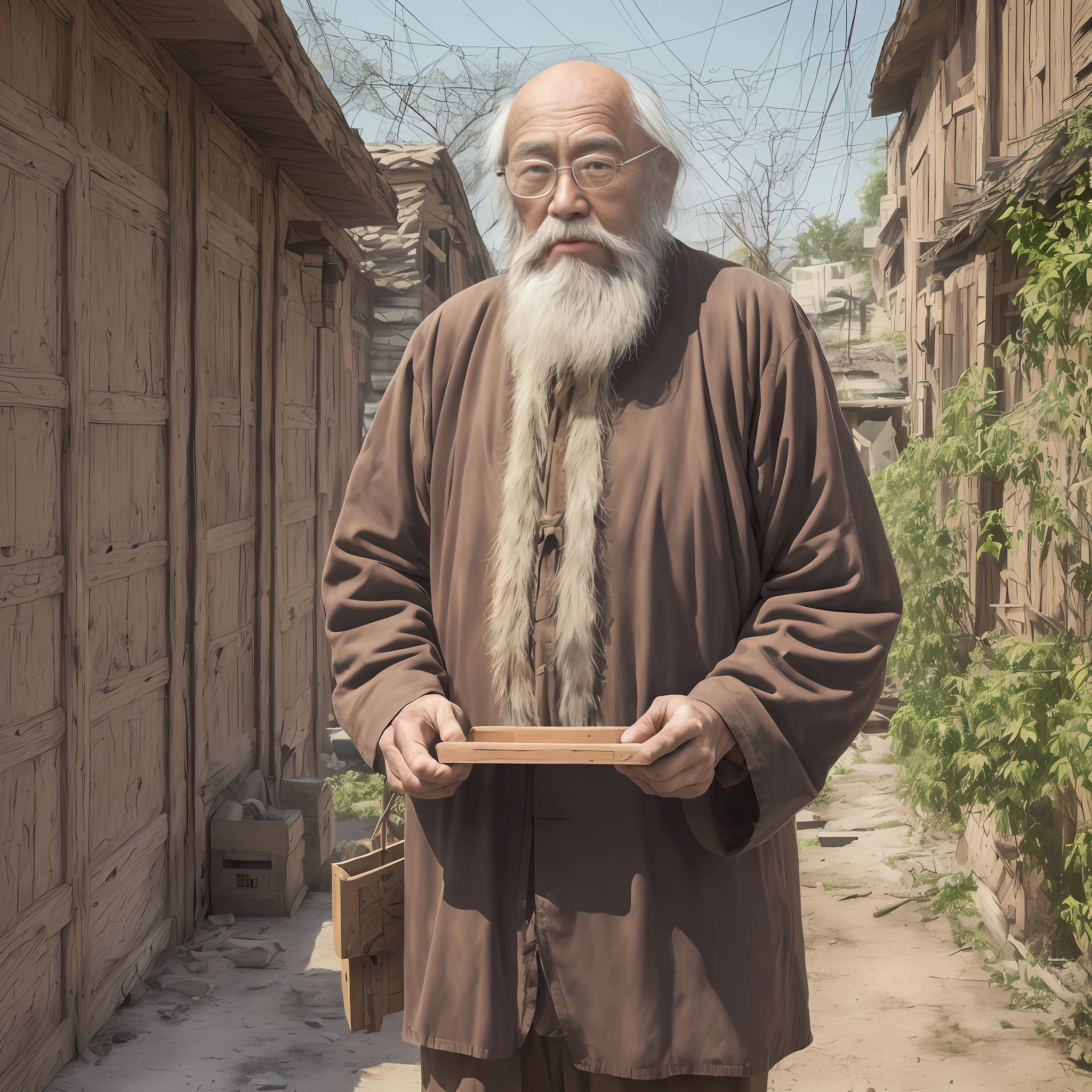 ulzzang-6500-v1.1, (raw photo:1.2), (photorealistic:1.4), real, an old man, long beard, standing, holding a Chinese medicine box in his hand, with a Chinese medicine box behind his back, Chinese medicine box wall, real, realistic, 4k --auto --s2