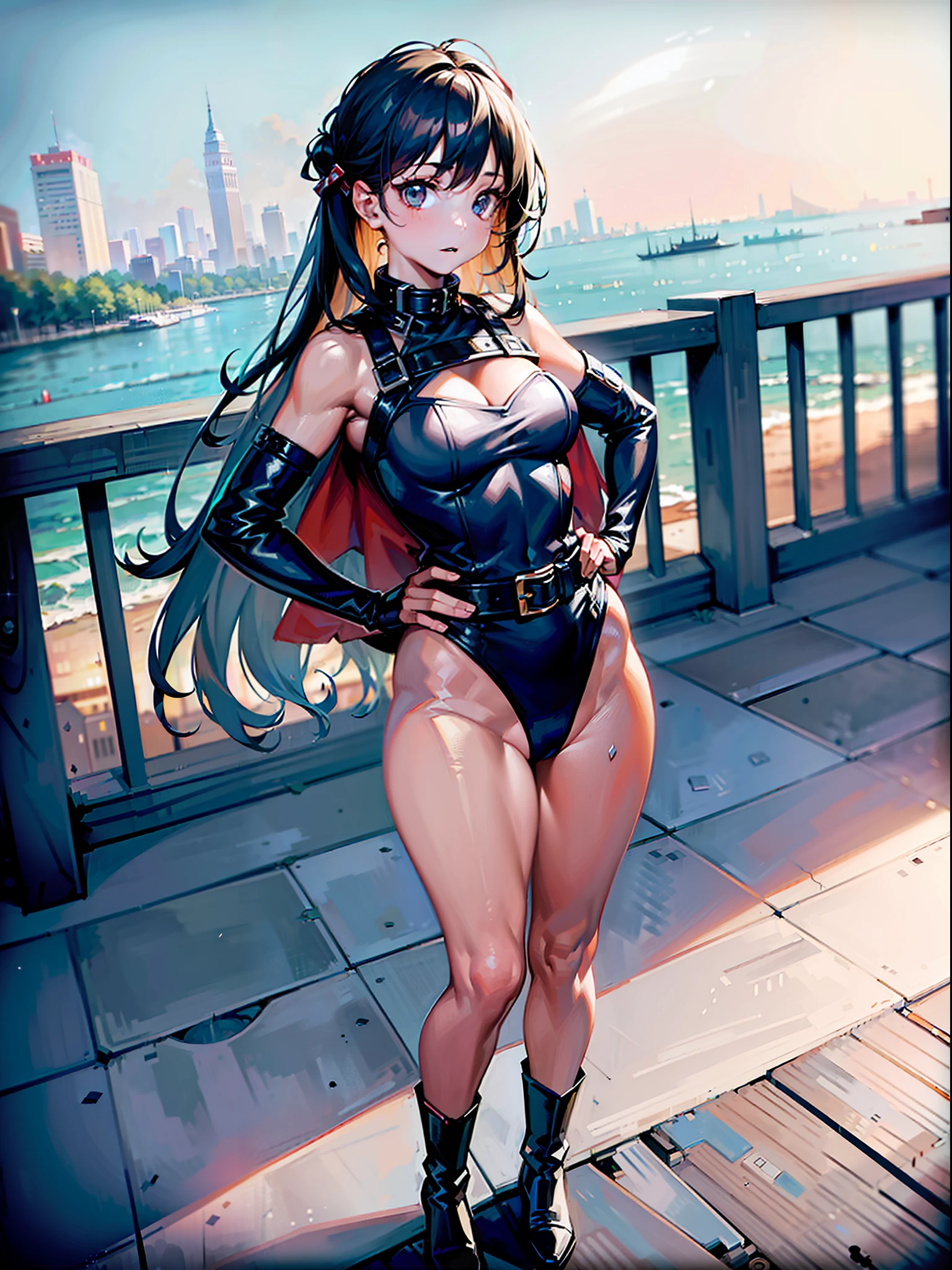 ((masterpiece)), ((best quality)), ((highres)), 1girl, solo, superhero, (leotard, bare legs), matching boots, city backdrop, standing, hands on hip, medium breasts, belt,