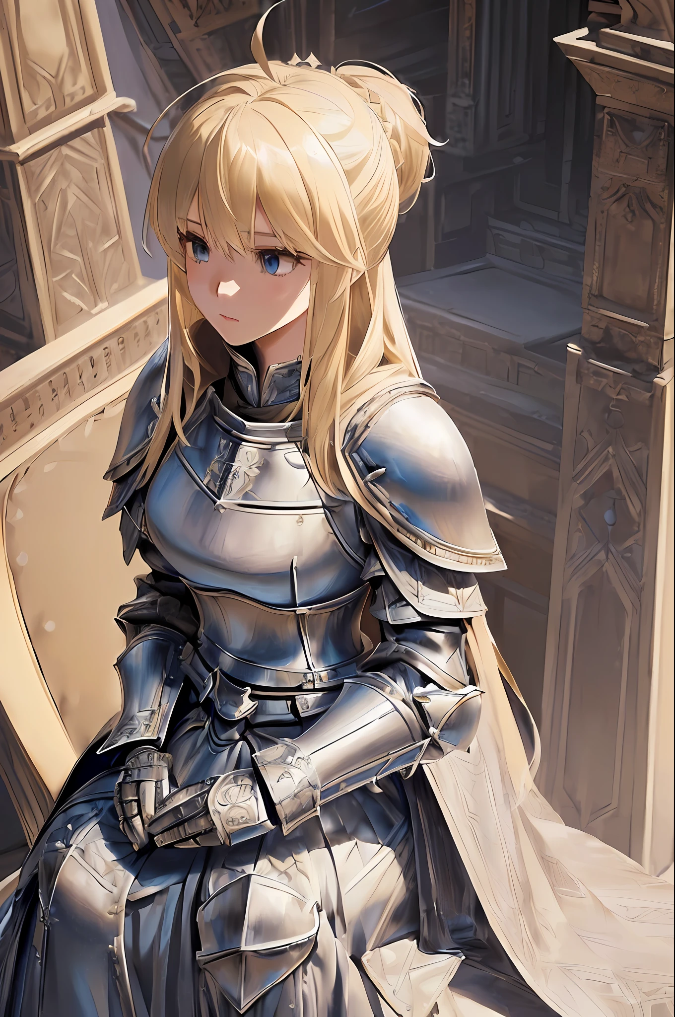 Realistic, realistic details, detailed, (((1 girl, slim, blonde, ahoge, female knight, detailed armor, intricate details, cloak, wearing a sword, aerial perspective, from above, palace, throne, sitting on the throne, very detailed architecture, perspective, clear focus, depth of field, detailed background)))