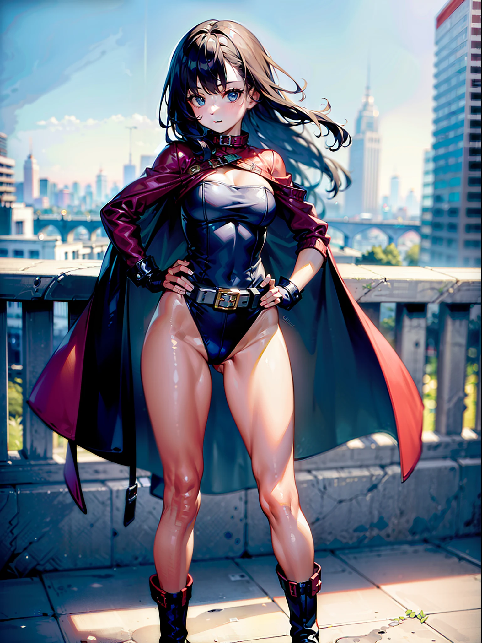 ((masterpiece)), ((best quality)), ((highres)), 1girl, solo, superhero, (leotard, bare legs), matching boots, city backdrop, standing, hands on hip, medium breasts, belt,