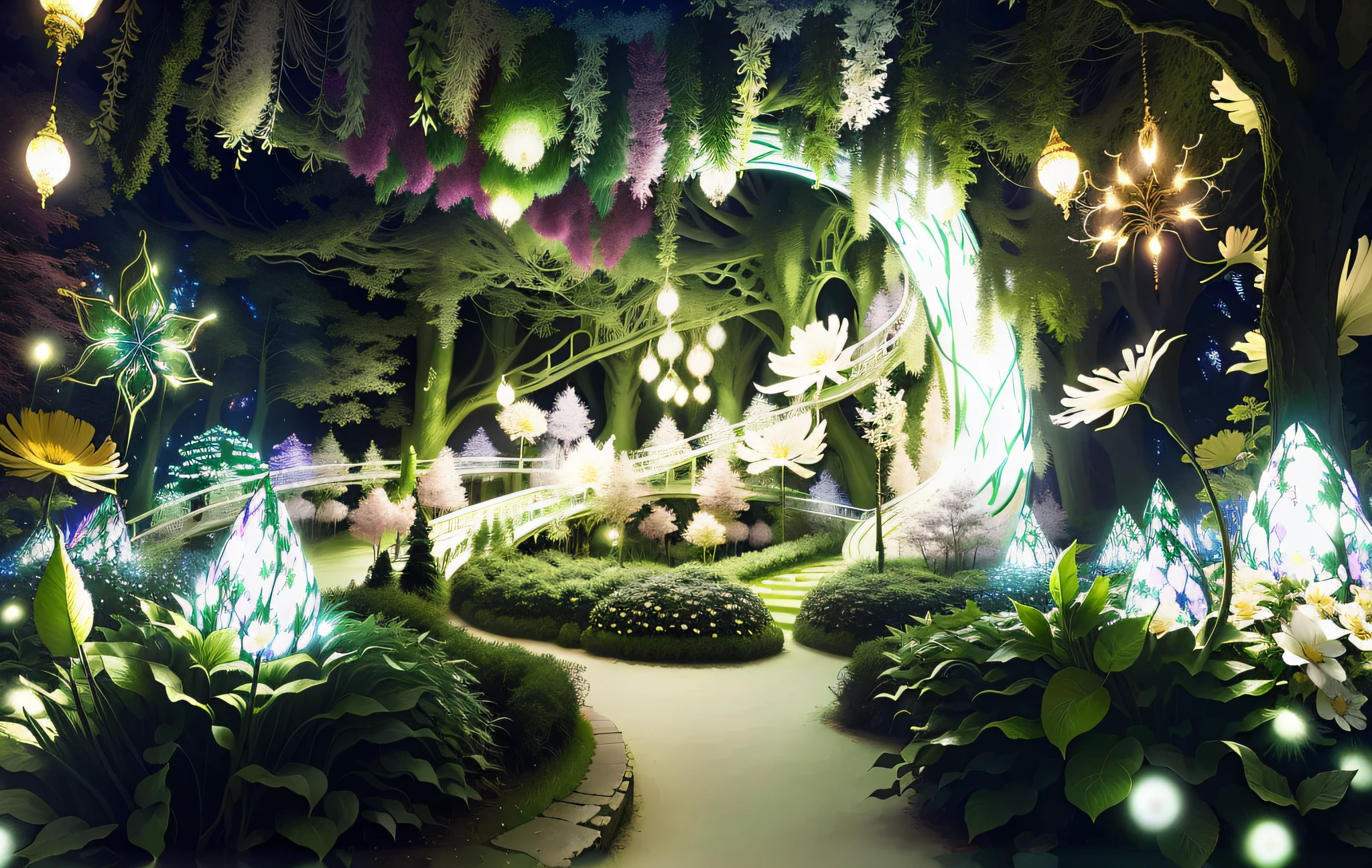 Forest with very large flower light display, photos of enchanted forest, magic fantasy forest, fairyland bridge, wonderland, very magical and dreamy, magic garden, paradise like fairyland, kingdom of light background, forest theme, magic and enchanted forest, magical fairy tale background, ethereal and dream theme, magical wonderland, flower environment