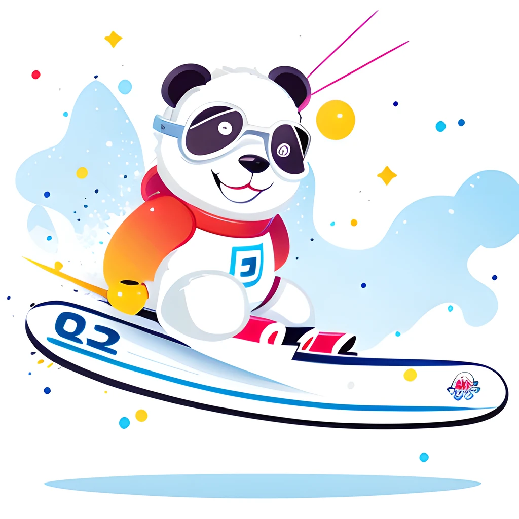 ((Best Quality)), ((Playful and Glamorous)), (detailed), lively and joyful panda skiing cartoon style illustration, (exhilarating speed and movement depicted in scene: 1.3), (Goggles 1.4), (Auspicious cloud texture on snowboard adds creative elements: 1.2), 2D, Q version, sports mascot, bright color palette, digital artwork
