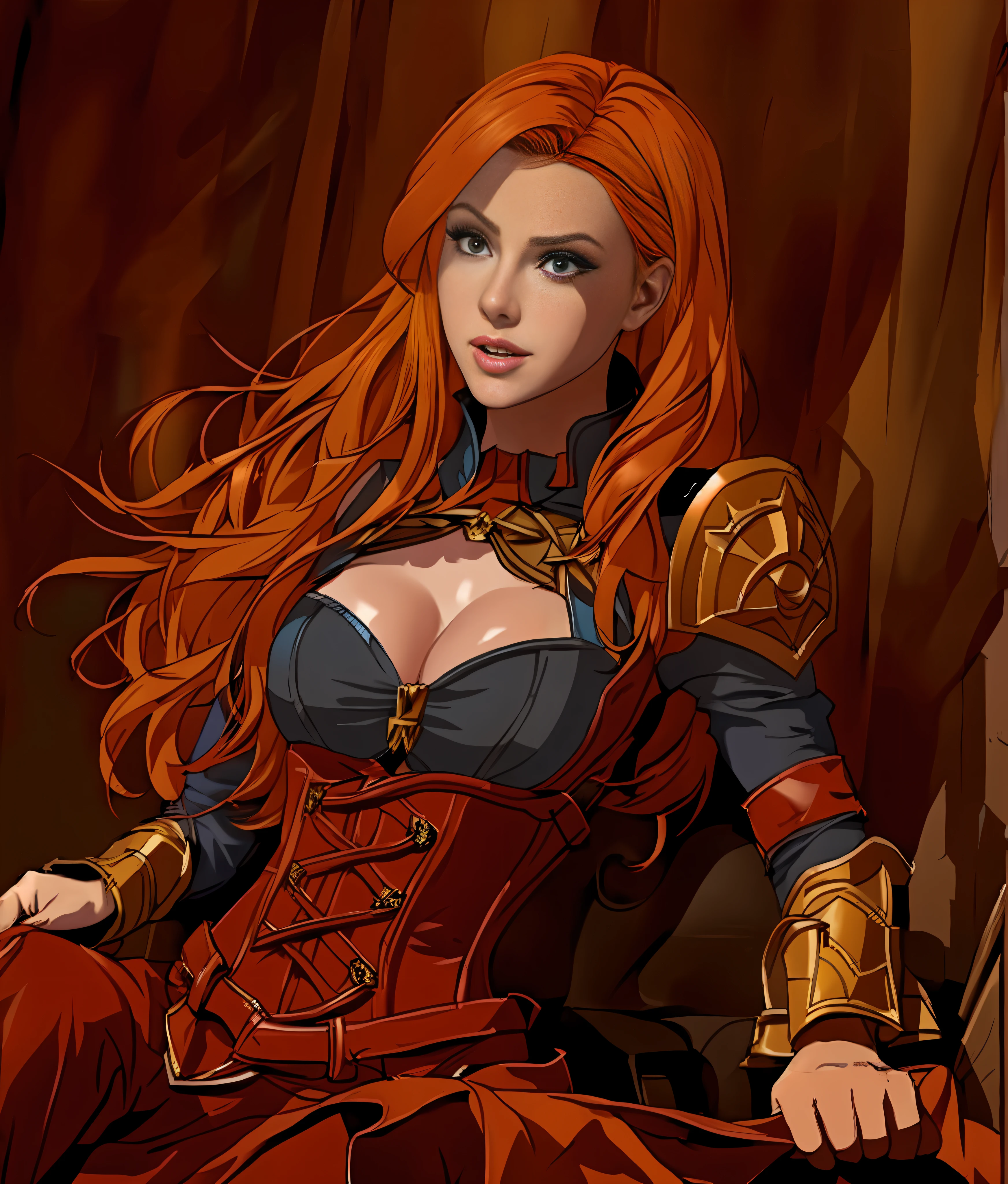 there is a cartoon of a woman in a corset sitting on a bed, lovely brigitte from overwatch, katarina from league of legends, style artgerm, shallan davar, artgerm and lois van baarle, katarina, artgerm style, she has long redorange hair, extremely detailed artgerm, redhead queen in heavy red armor