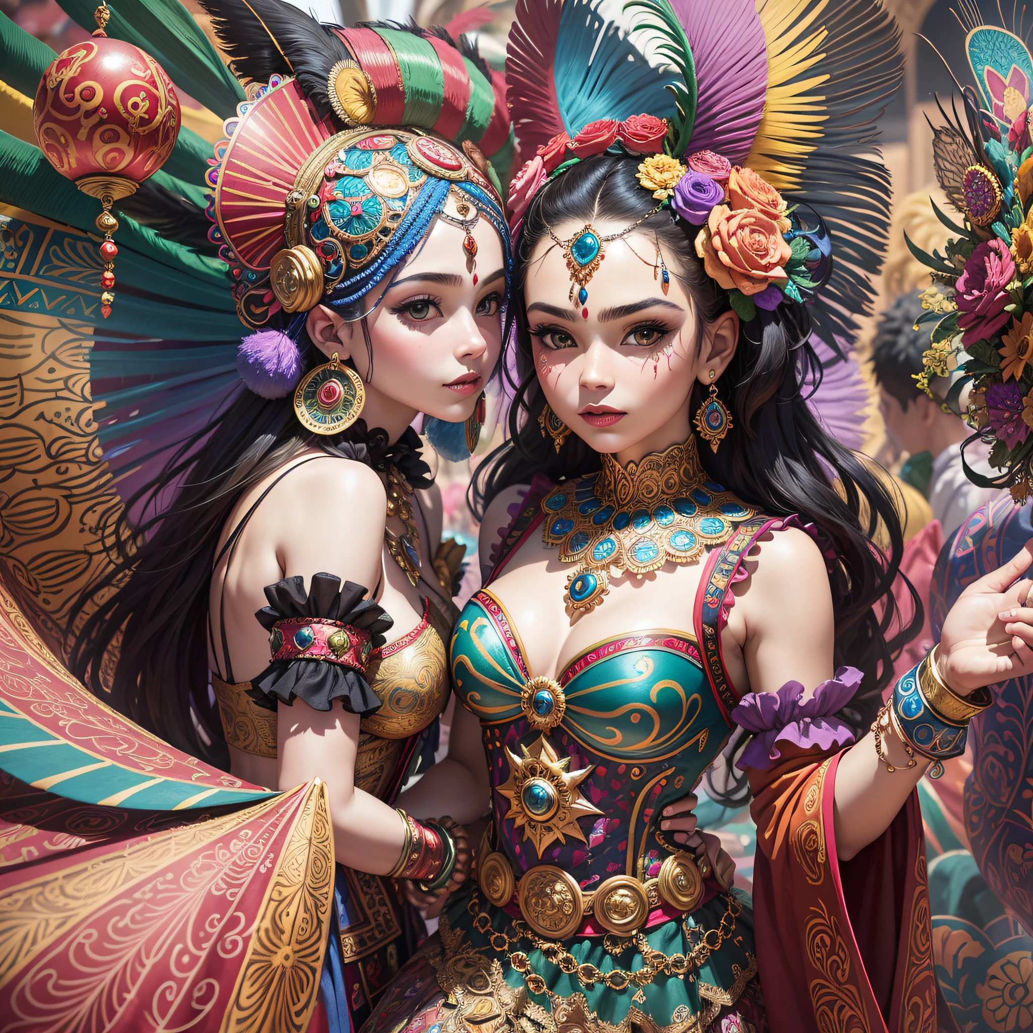 Create a lively and vibrant artwork depicting a carnival scene with characters in fantastical and imaginative costumes. Incorporate a mix of colors, patterns, and textures with elements of Masquerade and Venetian Carnivals. Introduce intricate details such as ornate masks and costumes, feathers, beads, and glitter, inspired by the works of Joana Vasconcelos and Frida Kahlo. The style should be a fusion of contemporary art and folk art, evoking the themes of joy, celebration, and mystery. --auto --s2