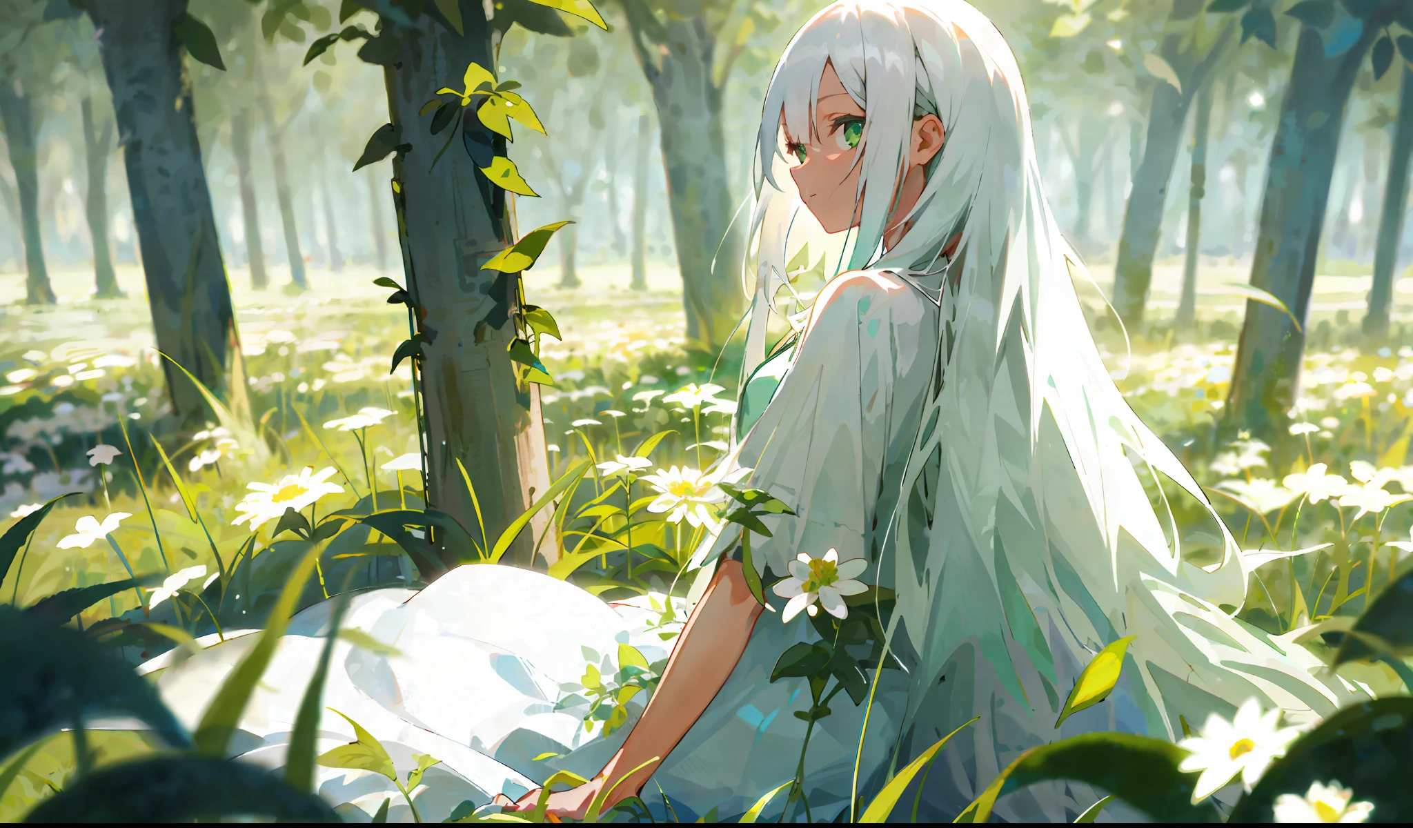 One girl with long white hair sitting in a field of green plants and flowers (masterpiece, top quality), warm lighting, white dress, blurred foreground, back arms, looking at the viewer,
