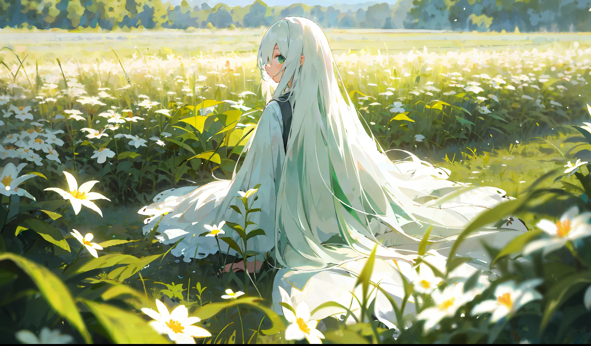 One girl with long white hair sitting in a field of green plants and flowers (masterpiece, top quality), warm lighting, white dress, blurred foreground, back arms, looking at the viewer,