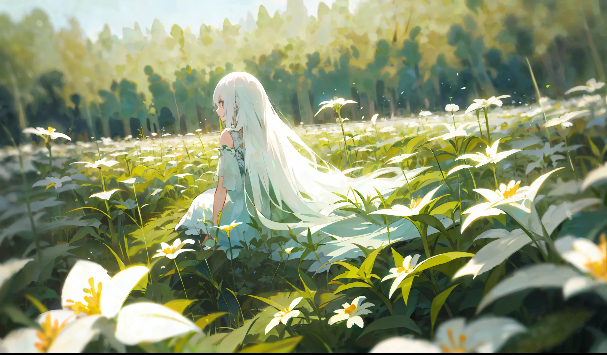 One girl with long white hair sitting in a field of green plants and flowers (masterpiece, top quality), warm lighting, white dress, blurred foreground, back arms, looking at the viewer,