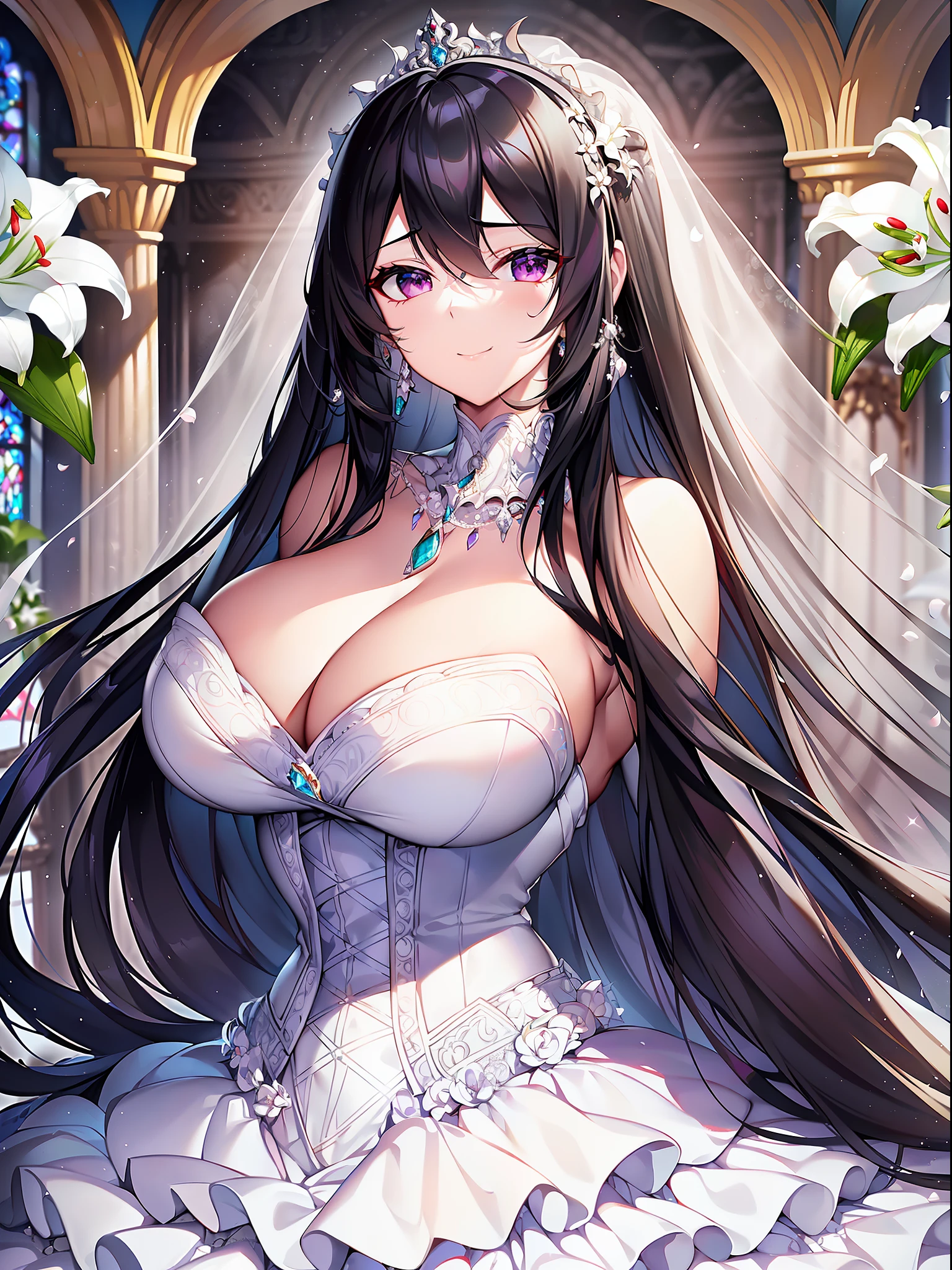 ((anime artstyle)),(((Masterpiece))), ((Best Quality)), ((Super Detail)), Illustration, (((Very Delicate and Beautiful))),Dynamic Angle,Looking at viewer,((((Solo)))),June bride,((((1 arrogant empress in white wedding dress having a wedding ceremony in a royal palace)))), in the flower garden,((((Full body)))),(standing),(((smile))),(blash),Purple eyes,(Sharp eyes),Detailed Face, Long Eyelashes,Jet Black Hair,(Straight Hair),((Very Long Hair)),Bangs between eyes, ((((gigantic )))),cleavagntation,curvy,See-through,(((fusion of white wedding dress and white rococo ball gown))),(fluffy white wedding dress with gorgeous embroidery),((hoop skirt)),long skirt,corset,crinoline,(long wedding veil),opera gloves,finely decorated jeweled big tiara, gem earrings,finely decorated necklace,Beautifully jeweled ornaments,indoor,((white lily flowers)), flower petals flowing,Stained glass,light particles,