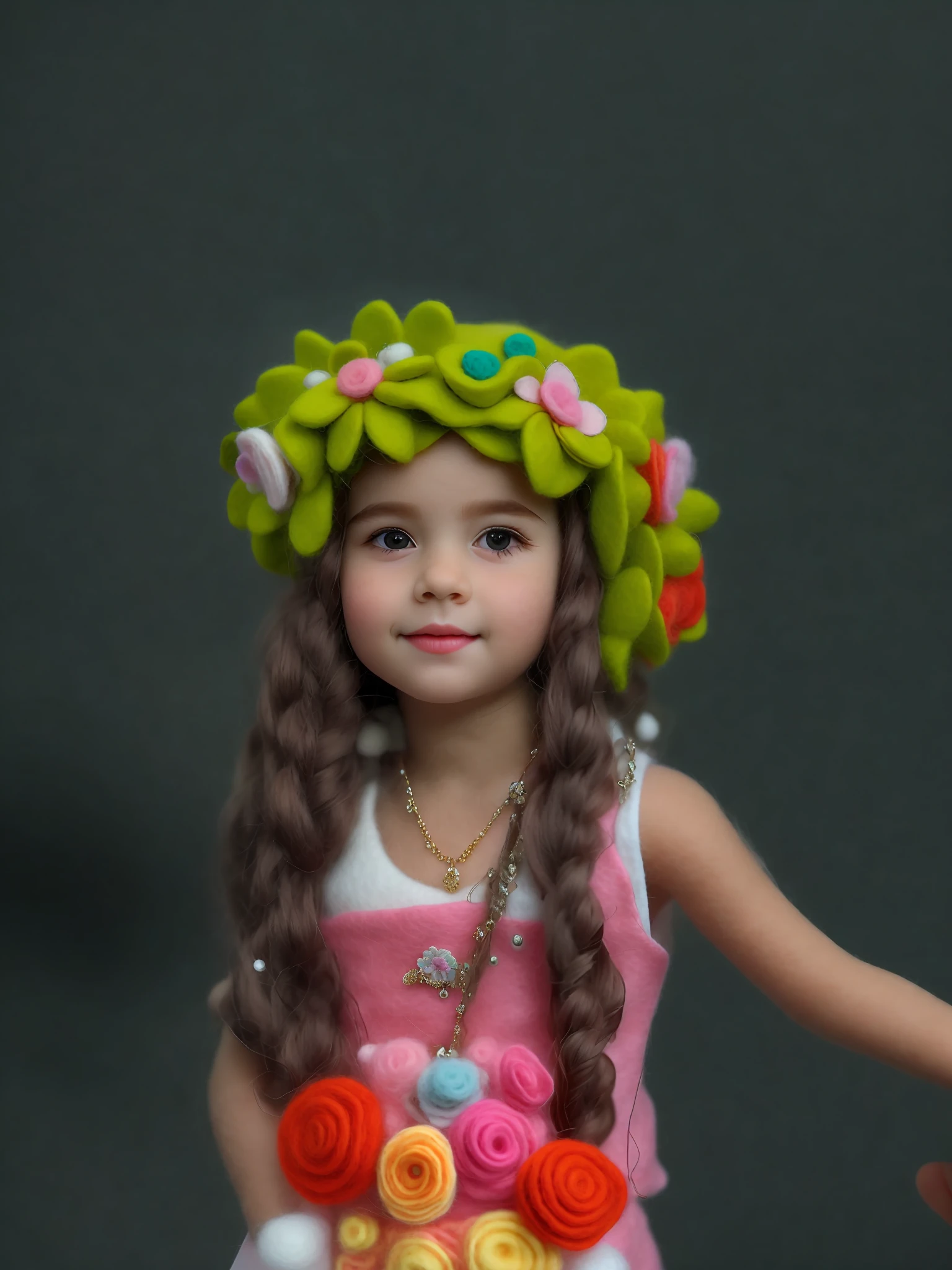 HD, (Best Details) (Best Quality), detailed facial features, there is a young girl wearing a flower crown and necklace, spark, (((felt))), handmade, plush toys, mini wool style