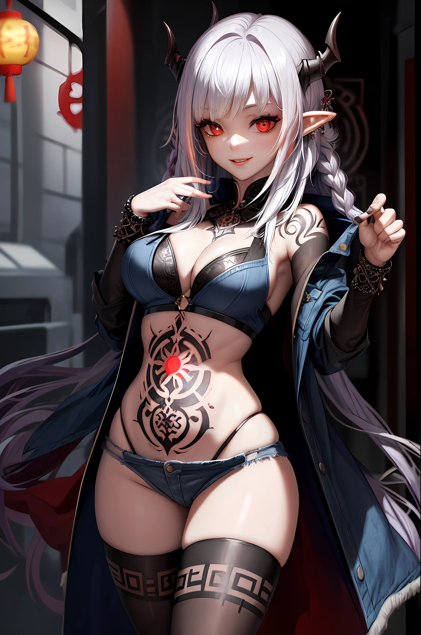 (Ashenhardt style:1.4), Masterpiece, Best quality, High quality,(Red eyes with dark red glow), (in profile), Abstraction, Deep Sea, Award-winning photography, Depth of field, HDR, Very detailed, Trending in art station, Trending in CGsociety, Complex, High detail,(Masterpiece: 1.2, highest quality), (Best lighting, very delicate and beautiful), (Best lighting, Very delicate and beautiful), (beautiful detailed face), (detailed eyes and detailed face:1.2), dark fantasy, (young girl, 1girl, solo, crazy smile, pale skin,G cup,cleavage,19 piercings,((tattoo all over body,tribal tattoo all over foot)) gray hair, red glowing eyes, dynamic angle, vampire), ((back Art paint on the ground, magic circle, graffiti on the wall)),(Get a demon to be summoned:1), ((in the Chinese streets)),(Magic circle to demon),Magic thunder, pointy_ears, Fangs,Blood on face,Blood rain,Blood mist,(Depth of field),High contrast,(Blood splash: 1.4),Cowboy shot,Full body,,Shorts,Jacket,Shirt,Shorts,Cowboy Shots,Denim Jackets,