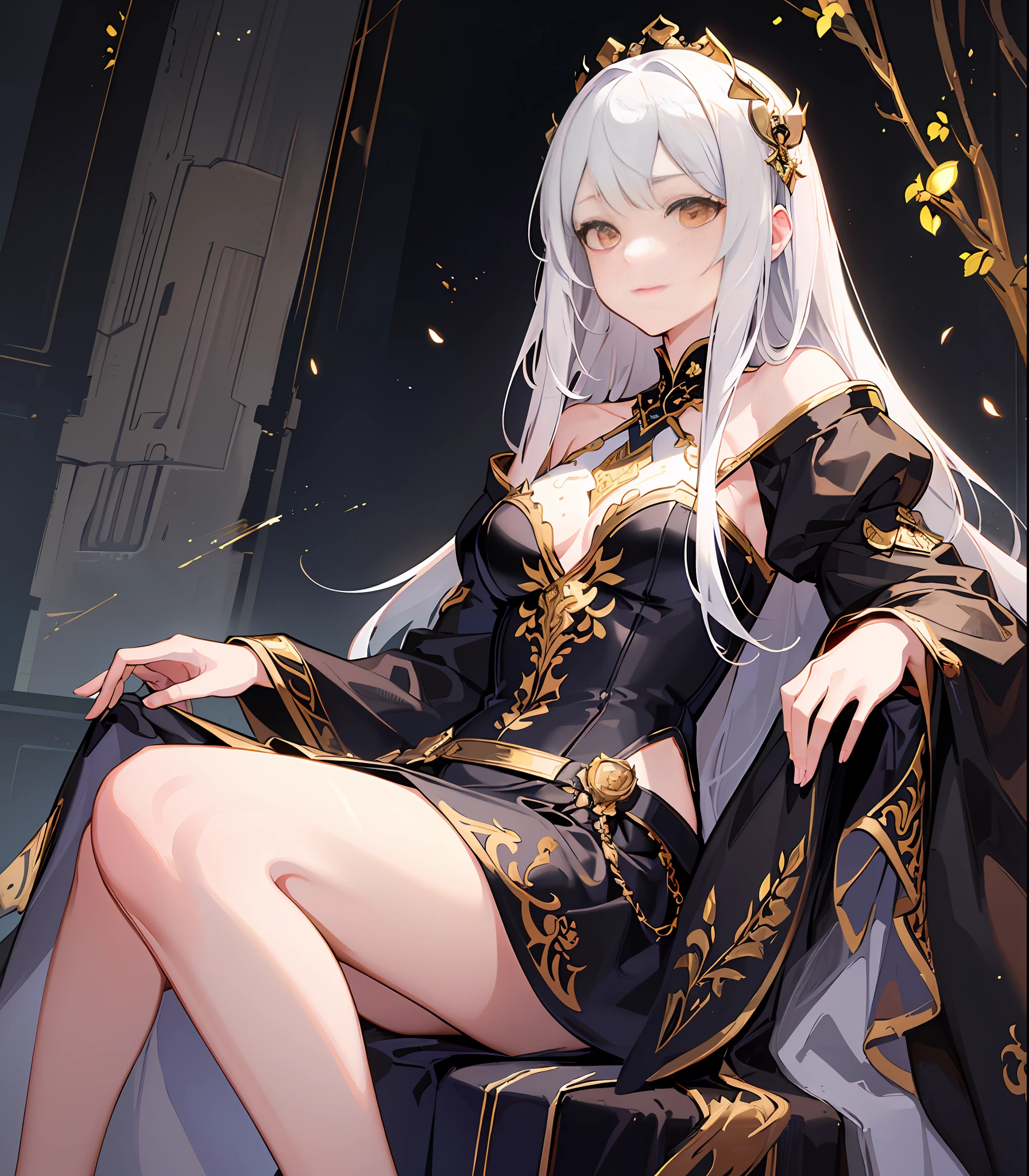 (Masterpiece:1.2), best quality, (illustration:1.2), (ultra-detailed), hyper details, (delicate detailed), (intricate details), (cinematic light, best quality Backlights), clear line, from below, soloist, perfect body, (1girl), white hair and yellow eyes, (emperor, black see-through clothes), (crown: 1.1), sitting on the throne, eyes slightly closed, head down, (shy: 1.2 ), (makeup), high contrast, (best illumination, an extremely create and beautiful), (cinematic light), colorful,