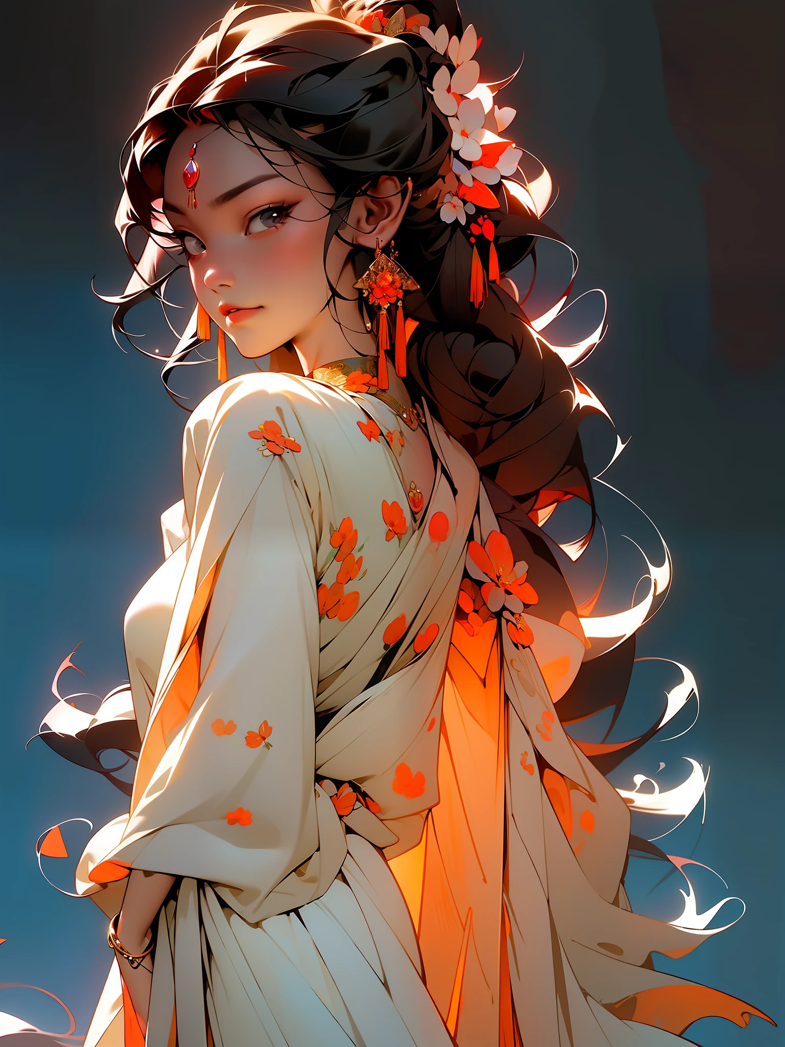 masterpiece, black_hair, 1girl, looking at viewer, long_hair, nail_polish, solo, jewelry, ancient art, chinese,