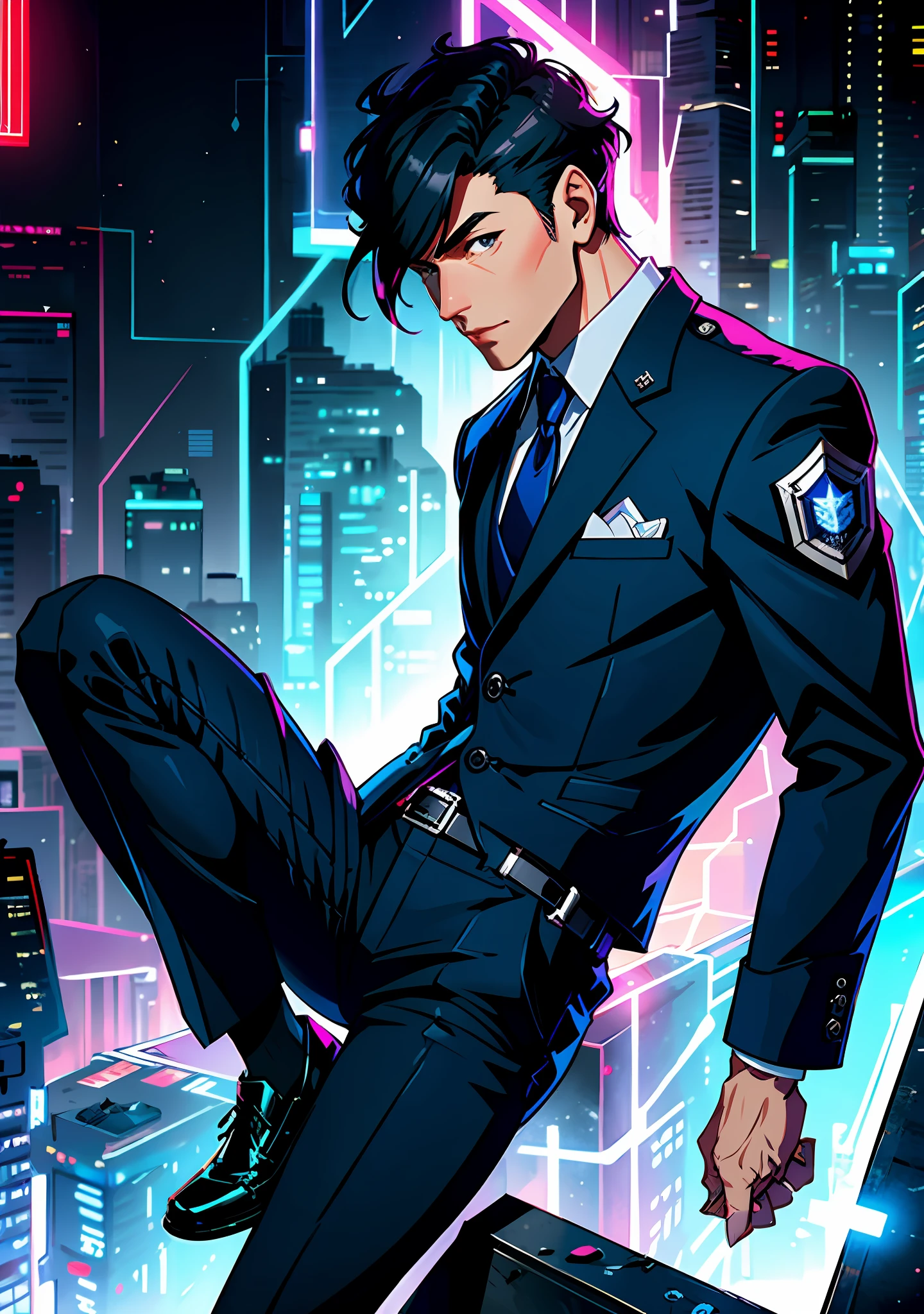 1 male, 40s, cyber police, detective, full-body, intricate details, sober clothing, work clothes, fantasy, no background