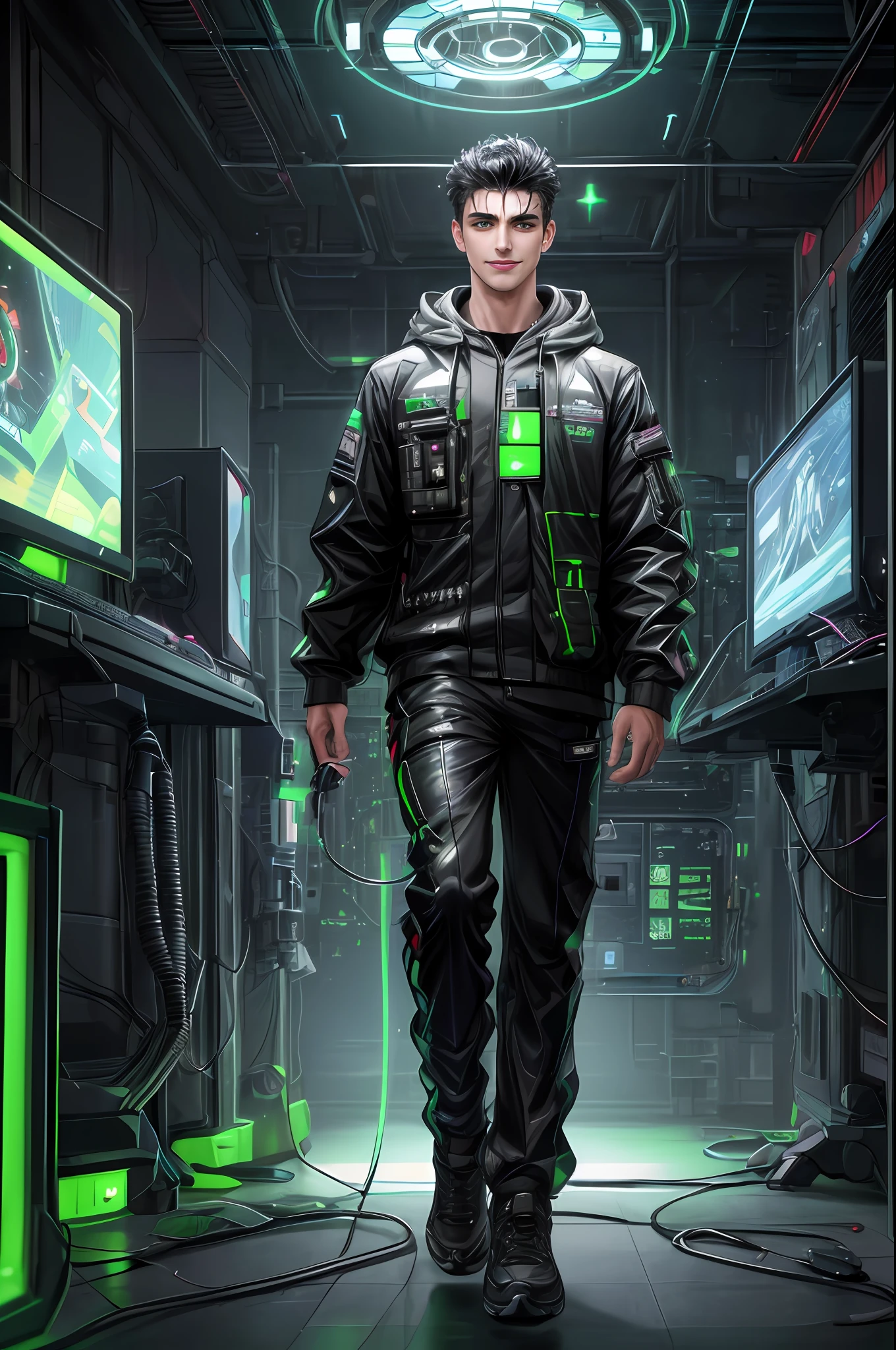 (absurd, intricate details, masterpiece, best quality, high resolution, 8k), 1 male, Brazilian, mature, aged, handsome, finely detailed eyes and face, quiff black hair, teary eyes, looking at viewer, solo, (full body: 0.6), detailed background, detailed face, (CircuitBoardAI, electronic theme:1.1) futuristic hacker of evil high tech, gamer, smile, advanced technology, hood, techwear, keycard, cables, (holographic display:1.05),  error message, computer, password, gamer room in the background, green lights, cyber warfare, dark sinister atmosphere, depth of field, visual effects.