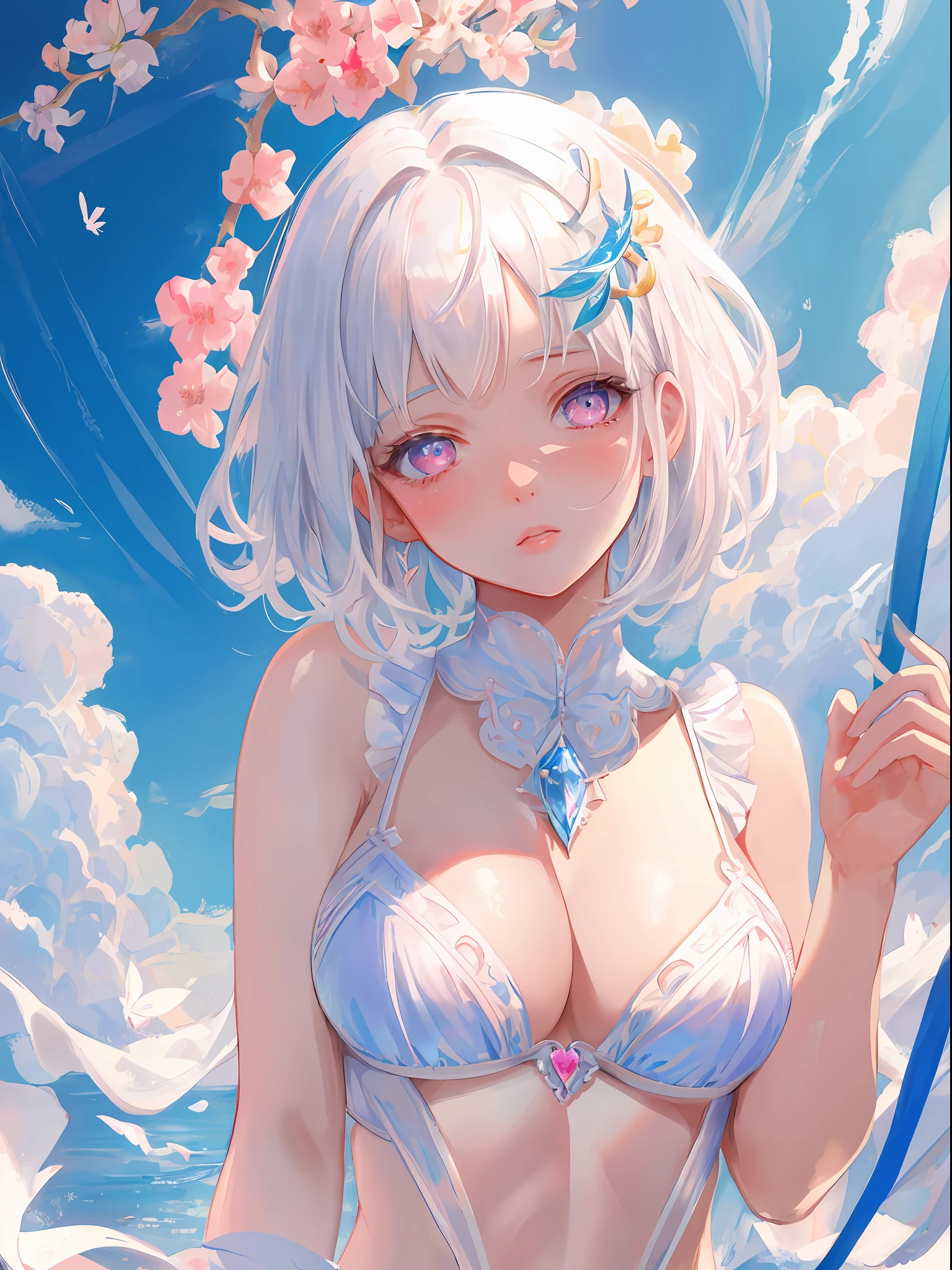masterpiece, best quality, ultra detail, illustration,beautiful detailed face,look at viewer, close-up, (focusing on lower body), white hair, short hair, shy, fairy, white and blue bikini, pink eyes,naughty girl, breasts, sad face